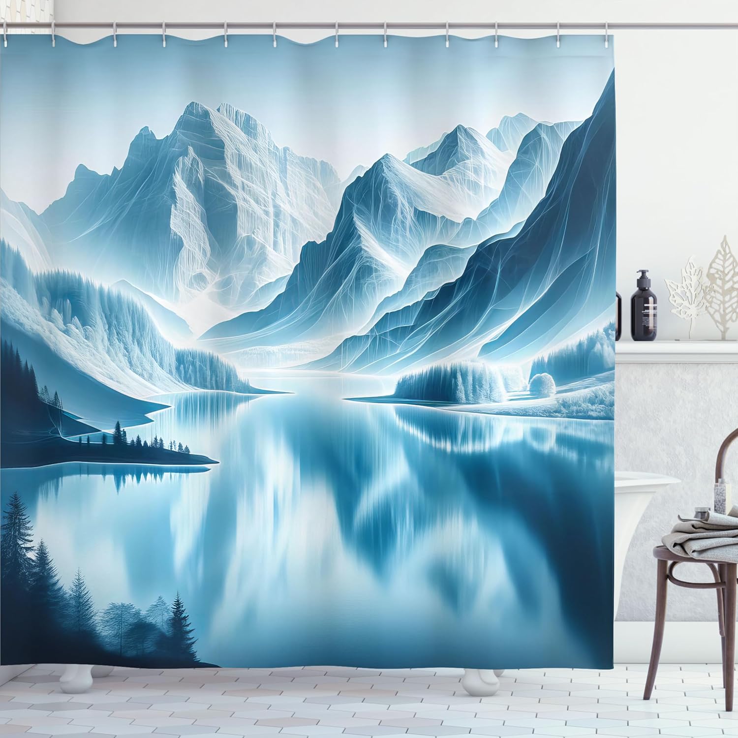 Ambesonne Lake Shower Curtain, Cold Mountain Peaks Hazy Reflection on ICY Water Nature Scenery Winter View, Cloth Fabric Bathroom Decor Set with Hooks, 69" W x 70" L, Pale Blue Petrol Blue