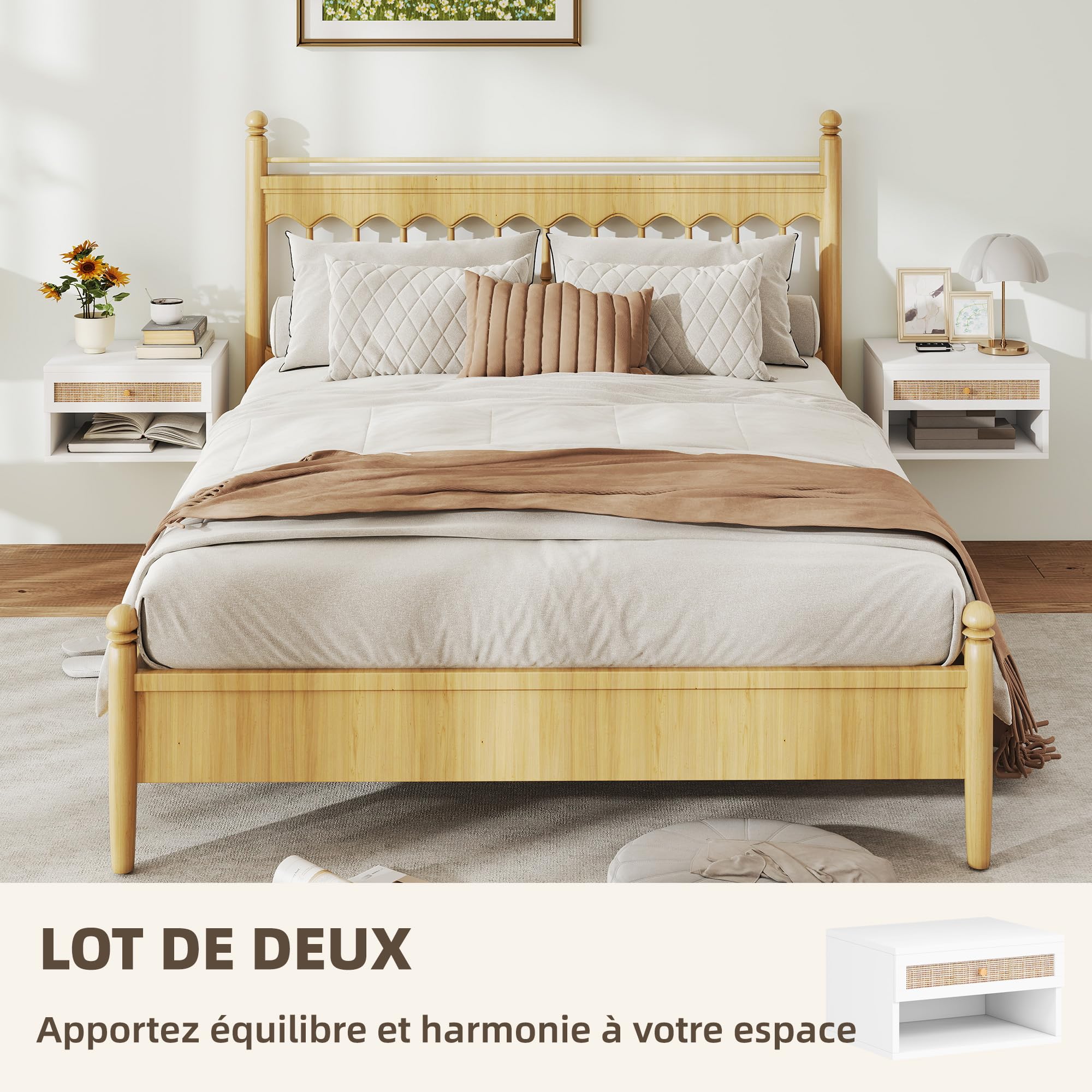 HOMCOM Set di 2 Comodini da Parete in Legno 40x34x23 cm | Comodino sospeso, cassetto scorrevole, ripiano, frontale in rattan intrecciato
