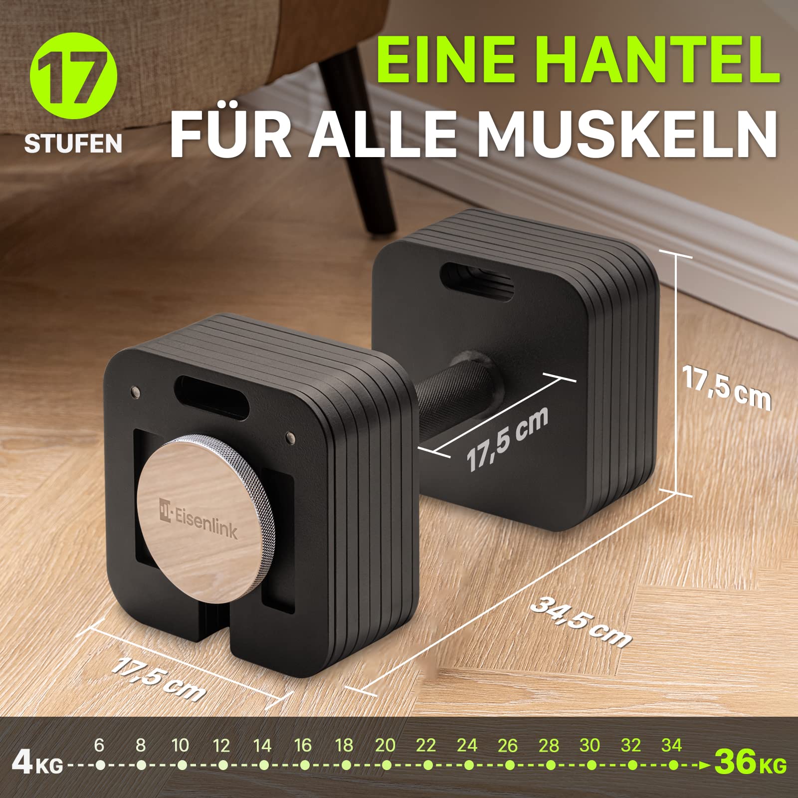 Eisenlink Verstellbare Quadratische Kurzhantel 1 Stück 20kg 36kg - Innovative Ultrakompakte Einstellbare Hantel mit Anti-Rutsch-Griff für Fitness Training Gym Zuhause
