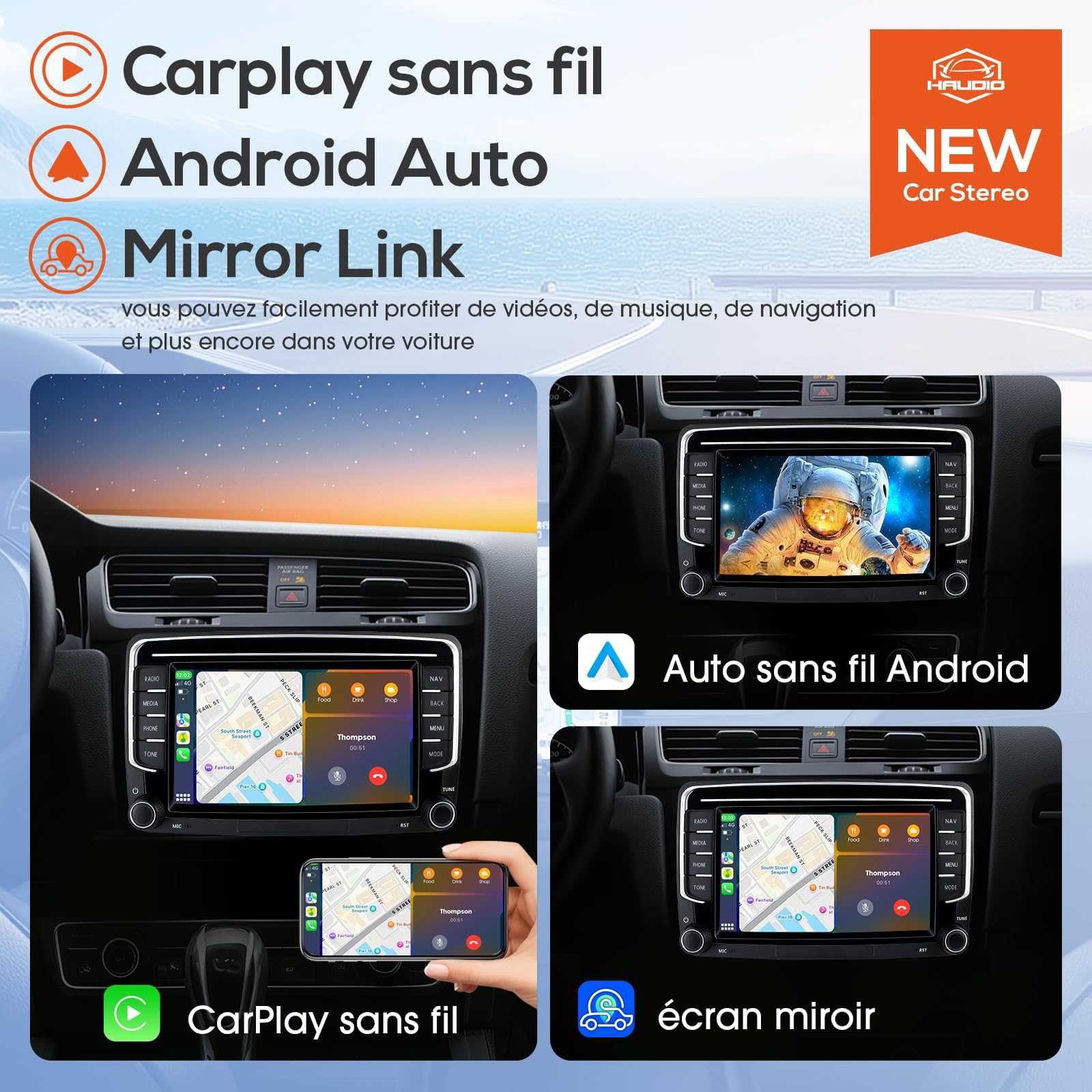 Haudio 2 Din Autoradio avec Apple CarPlay et Android Auto Sans Fil, Écran de Voiture 7 Pouces avec Canbus,Bluetooth,Mirror Link, FM/AM/RDS/SWC Autostereo pour VW Golf 6, Passat,Polo,Tiguan,Jetta&Skoda