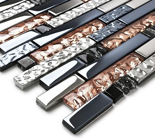 Miniatura 2 de Blujellyfish Azulejos de mosaico de vidrio de cristal de oro rosa entrelazado cromado plateado negro tinta azul mosaico baño cocina chimenea