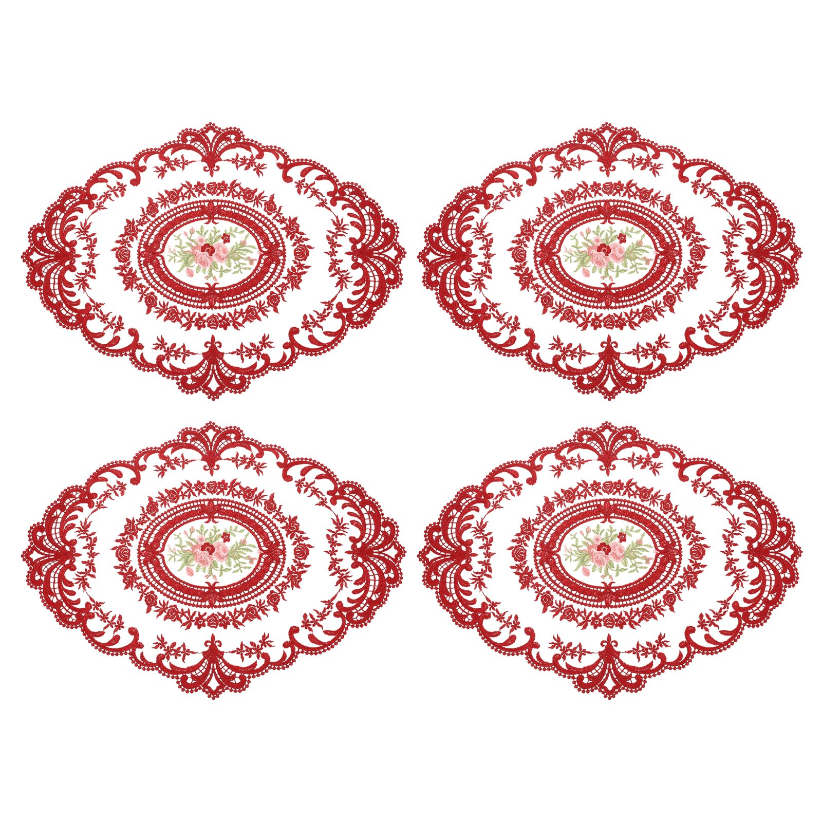 Set de table ovale brodé de haute qualité en dentelle rouge retro x4