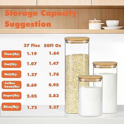 Miniatura 5 de Recipientes de almacenamiento de vidrio con tapas herméticas de bambú, juego de 5, tarros de vidrio de despensa con tapa, perfectos para