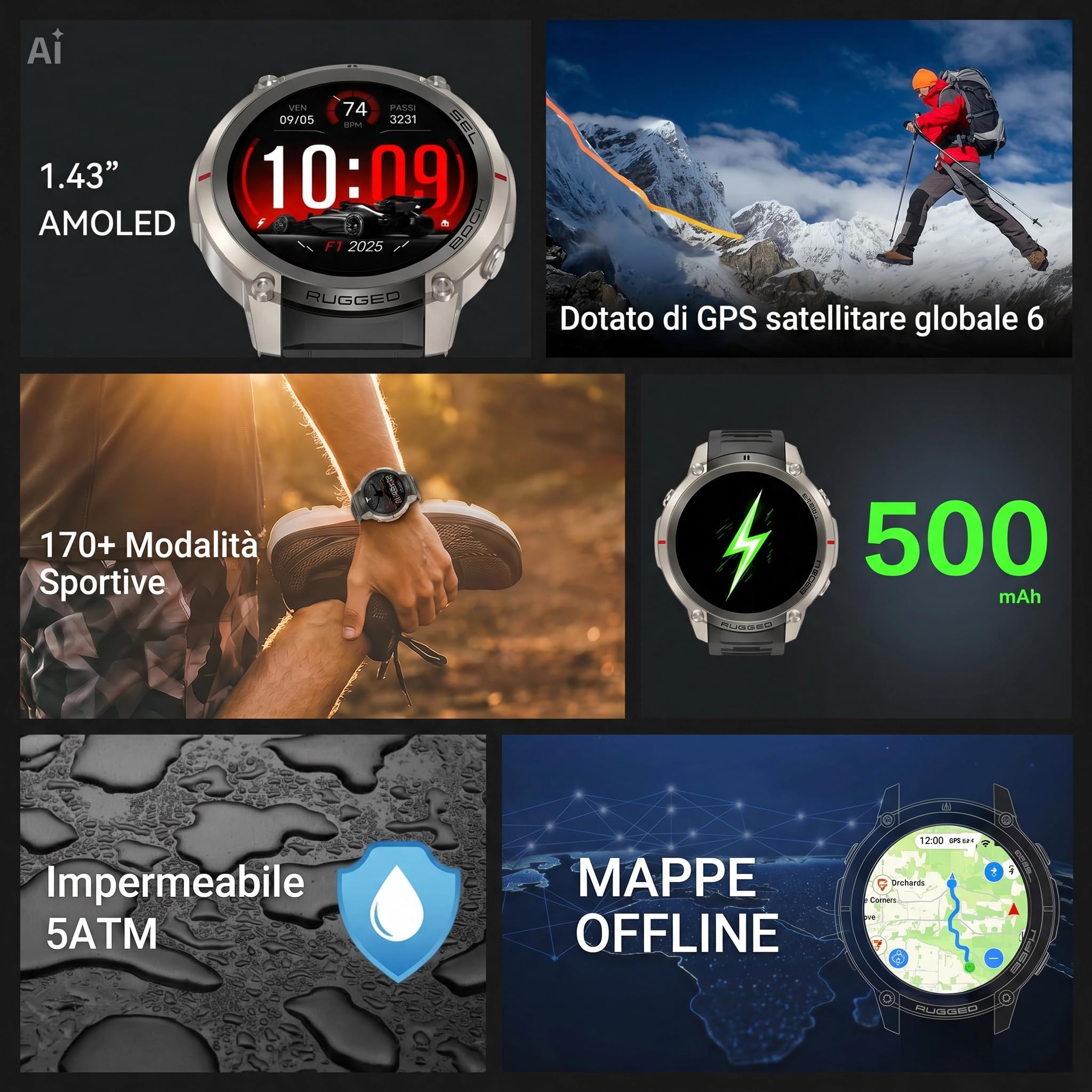 Smartwatch GPS con Mappe Offline, Bussola, Altimetro, Meteo – Orologio con Display AMOLED 1.43", Impermeabile 50M, Monitoraggio Cuore/Ossigeno/Pressione, Cinturino in Gel di Silice