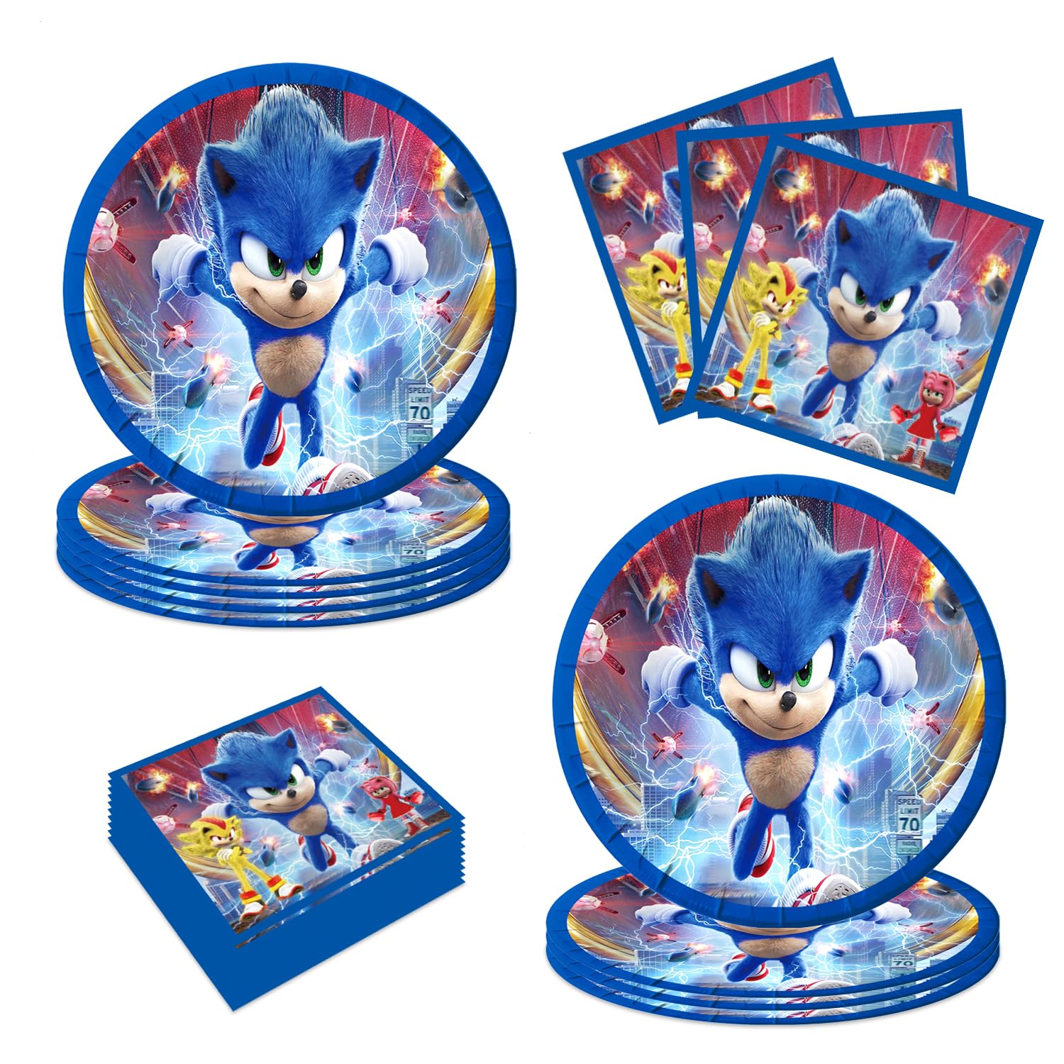 SUKORI Sonic Party Supplies 40Pack include 20 plates, 20 napkins for Sonic birthday party Decoration