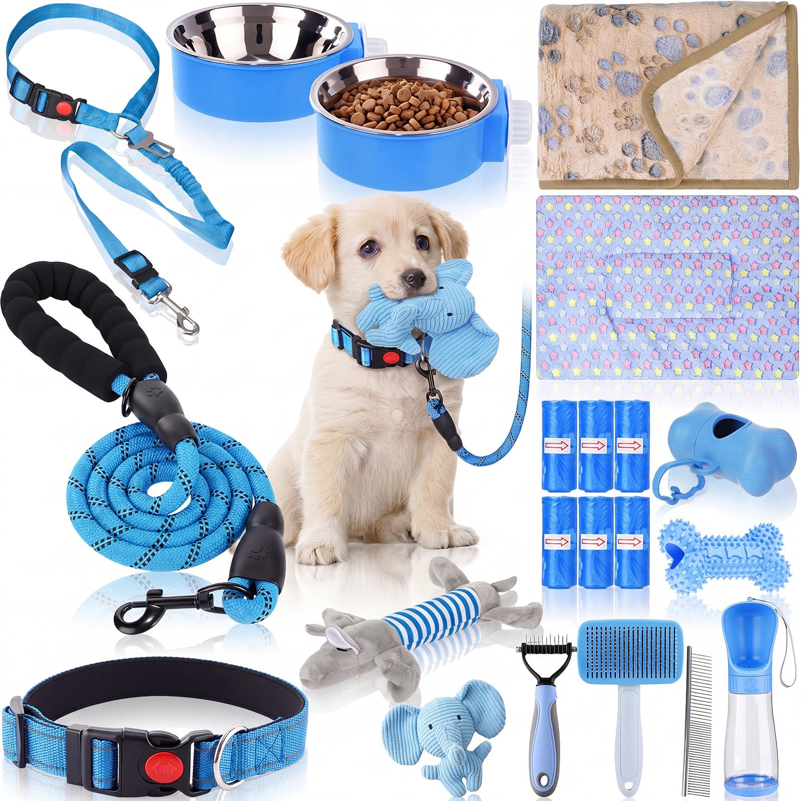30-teiliges Welpenzubehör-Starter-Set für kleine Hunde, kein Ziehen, Hundegeschirr, Halsband, Leine, Spielzeug, Wasserflasche, Haustierpflegeset, Welpenzubehör als Willkommensgeschenk (Blau