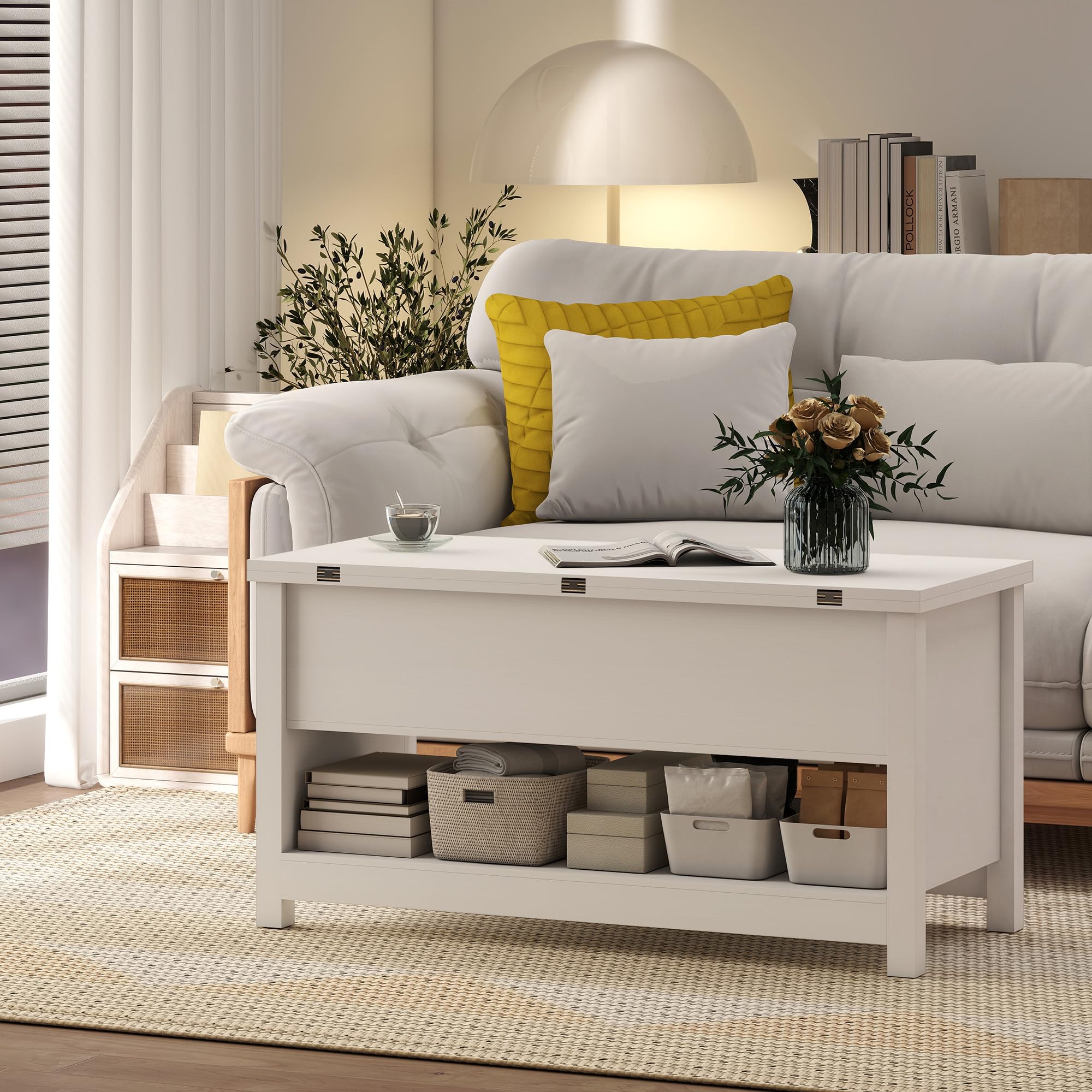 HOMCOM Mesa de Centro Elevable y Extensible Comedor 100x90x64 cm Blanco | Mesa de Salón con Compartimentos Ocultos, Estante Abierto, para Oficina
