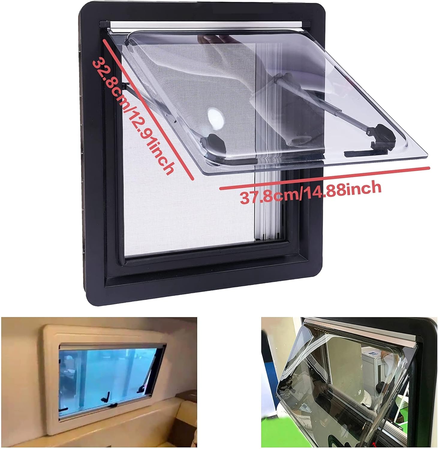 RV Vent Hatch RV Window Caravan Motorhome Camper Windows External Push 19"W x 21"H, RV Side Exit Hinged Window w/ Awning Screen & Blind, RV Skylight Large Window Trailer Yacht Ship (480* 530MM)
