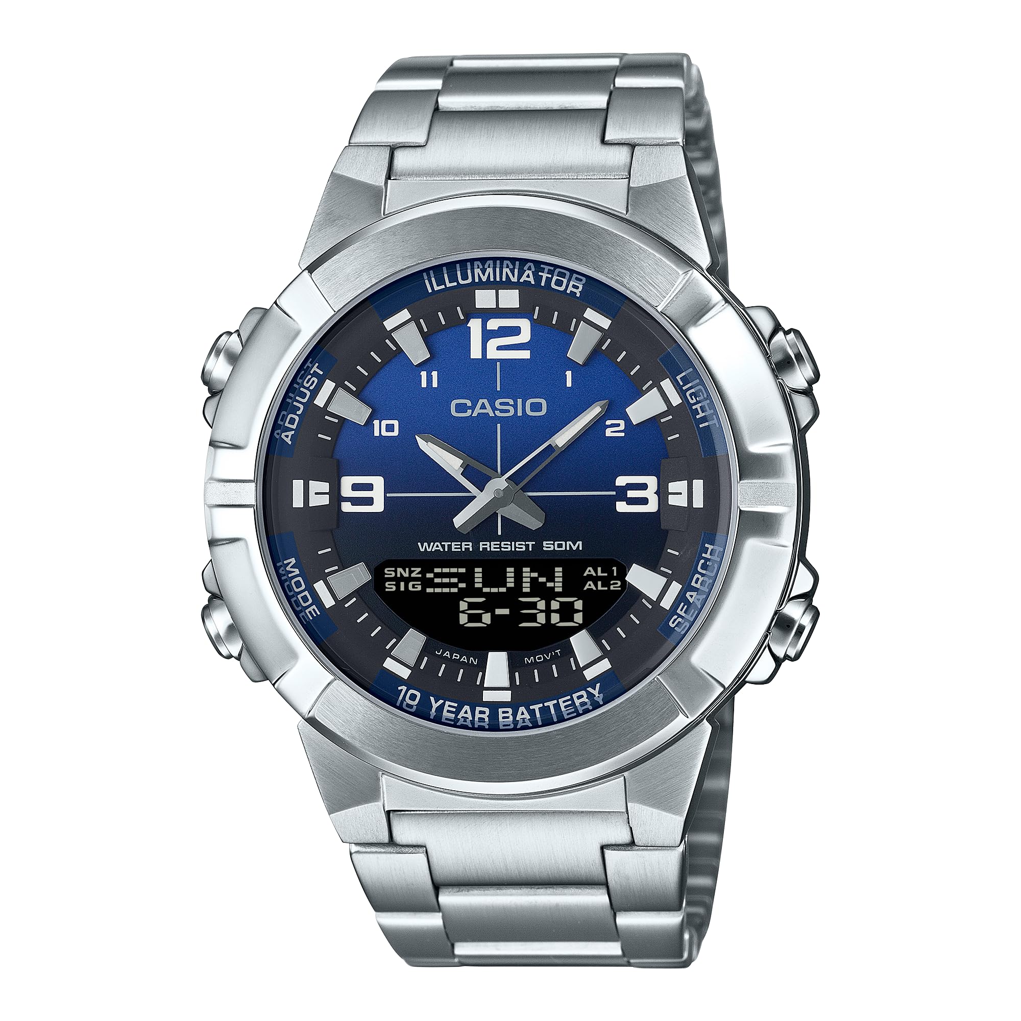 Casio AMW870DA-2A1V Men's Stainless Steel Blue Dial Analog Digital Dual Time Zone Watch