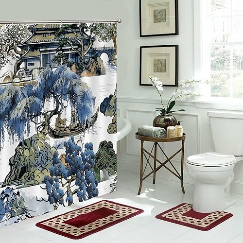 Miniatura 698 de Cortinas de ducha de baño con ganchos, 72 x 92 pulgadas, cortina de ducha de tela impermeable con diseño de flores y pájaros, cortina de ducha