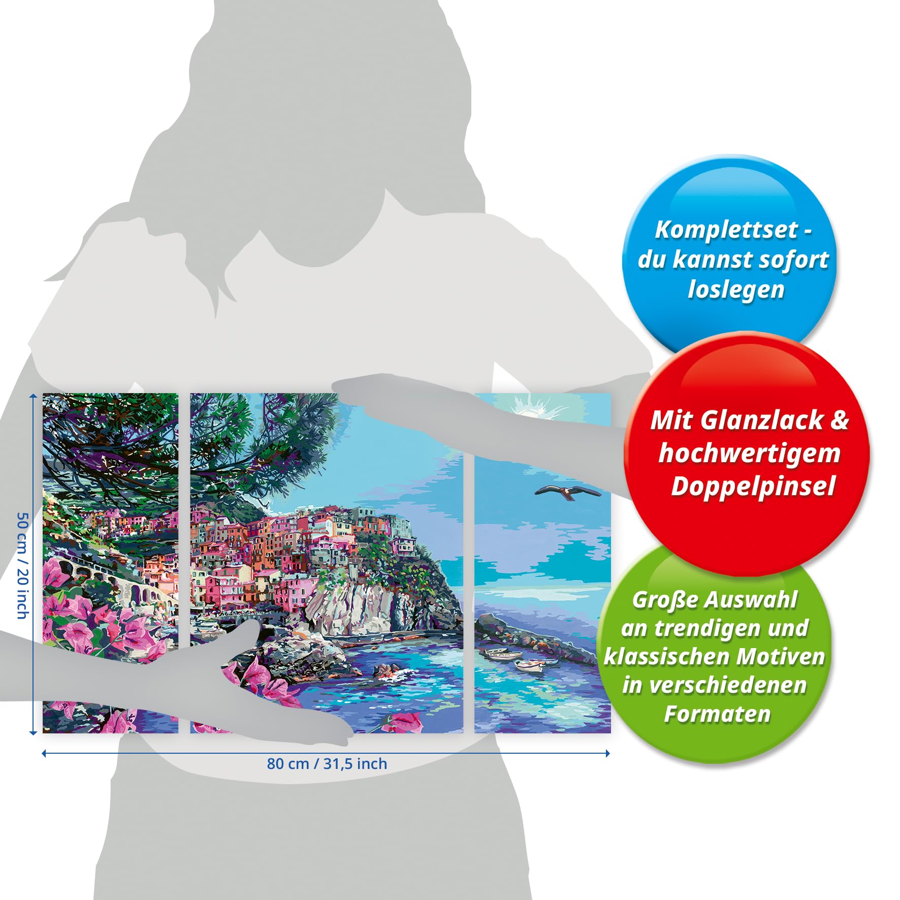 Ravensburger CreArt Cinque Terre - Malen nach Zahlen für Erwachsene | DIY Malset mit Pinsel und Acrylfarben, 80 x 50 cm, Geschenk für Frauen und Männer
