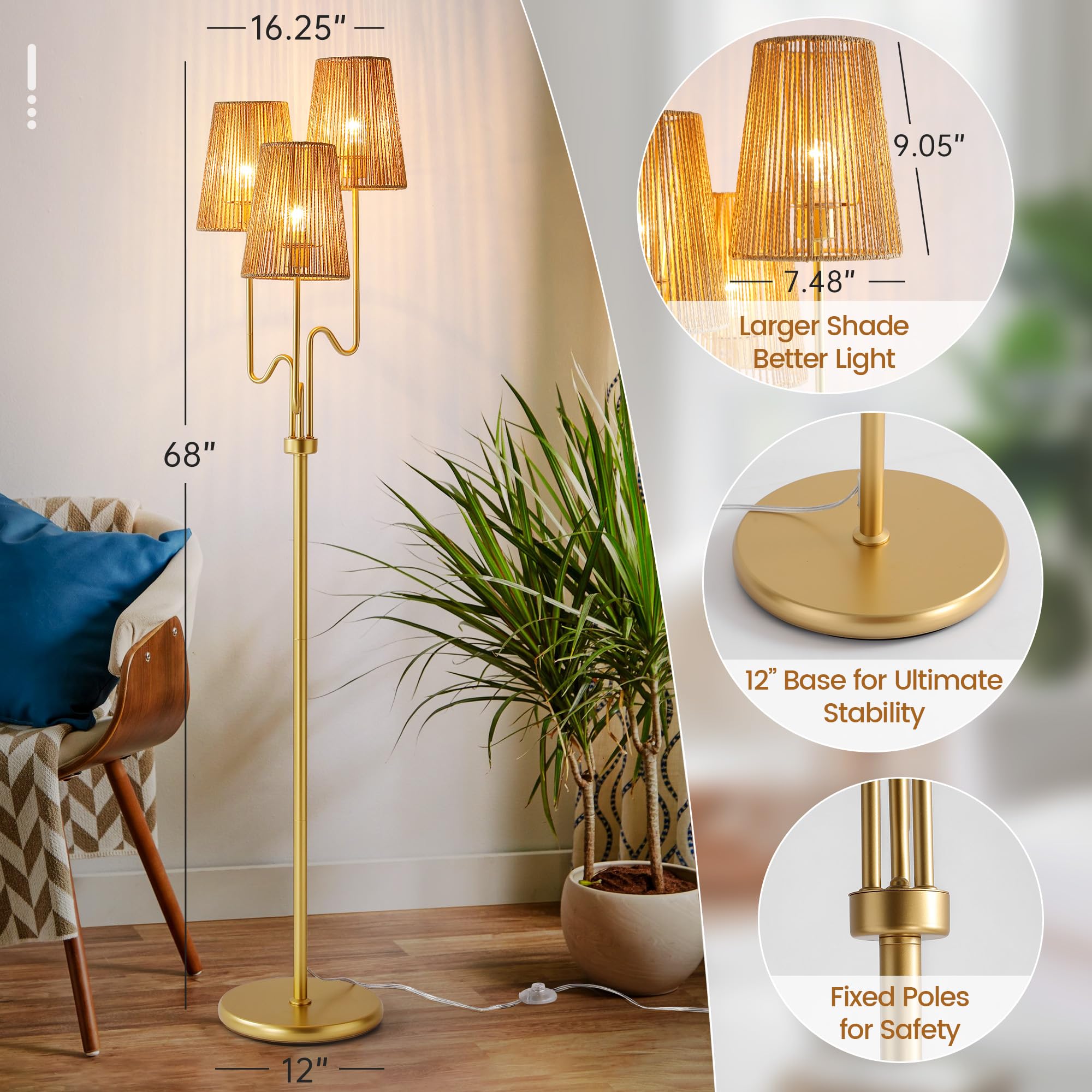 RORIANO Boho Floor Lamp For Living Room, 3-Light Rotary Switch