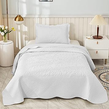 MarCielo 3-Piece 100% Cotton Oversized Bedspread Lightweight Quilt Coverlet Embroidery Farmhouse Bedding Set T0 (Bright White, Twin (68"x86"))