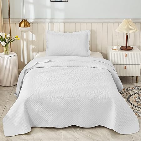 MarCielo 3-Piece 100% Cotton Oversized Bedspread Lightweight Quilt Coverlet Embroidery Farmhouse Bedding Set T0 (Bright White, Twin (68"x86"))