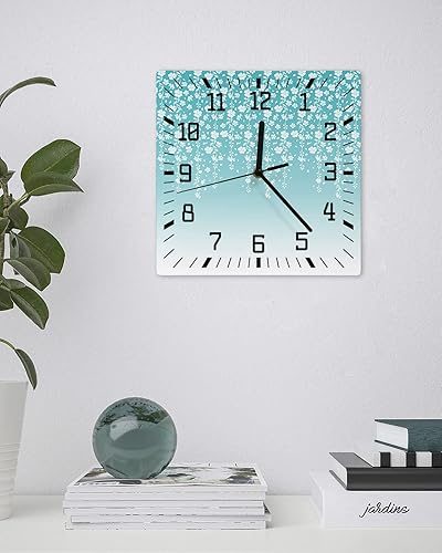 Miniatura 3 de Teal Green Ombre Florals Wooden Wall Clock Silent Non Ticking, Spring Flowers Falling Square Wall Clock Battery Operated, Decor Clock for Home