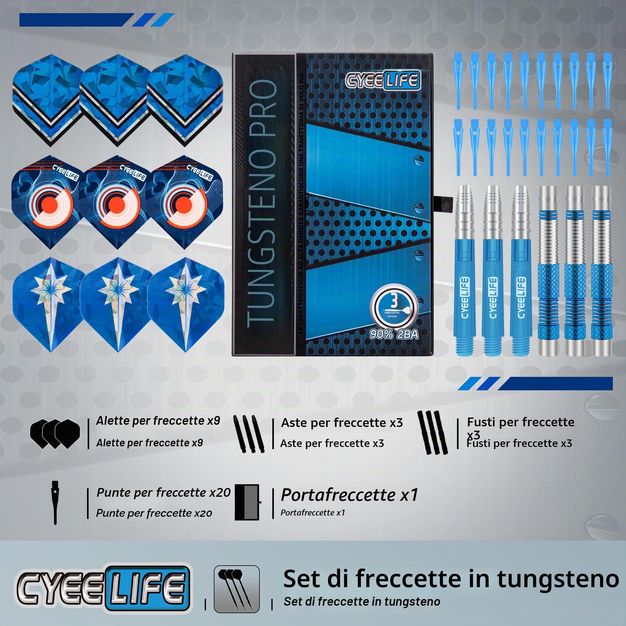 CyeeLife Freccette con Punta in plastica, 90% tungsteno, 3 Pezzi, 90% tungsteno, Freccette Professionali con volette, fusti e Punte (Blu)
