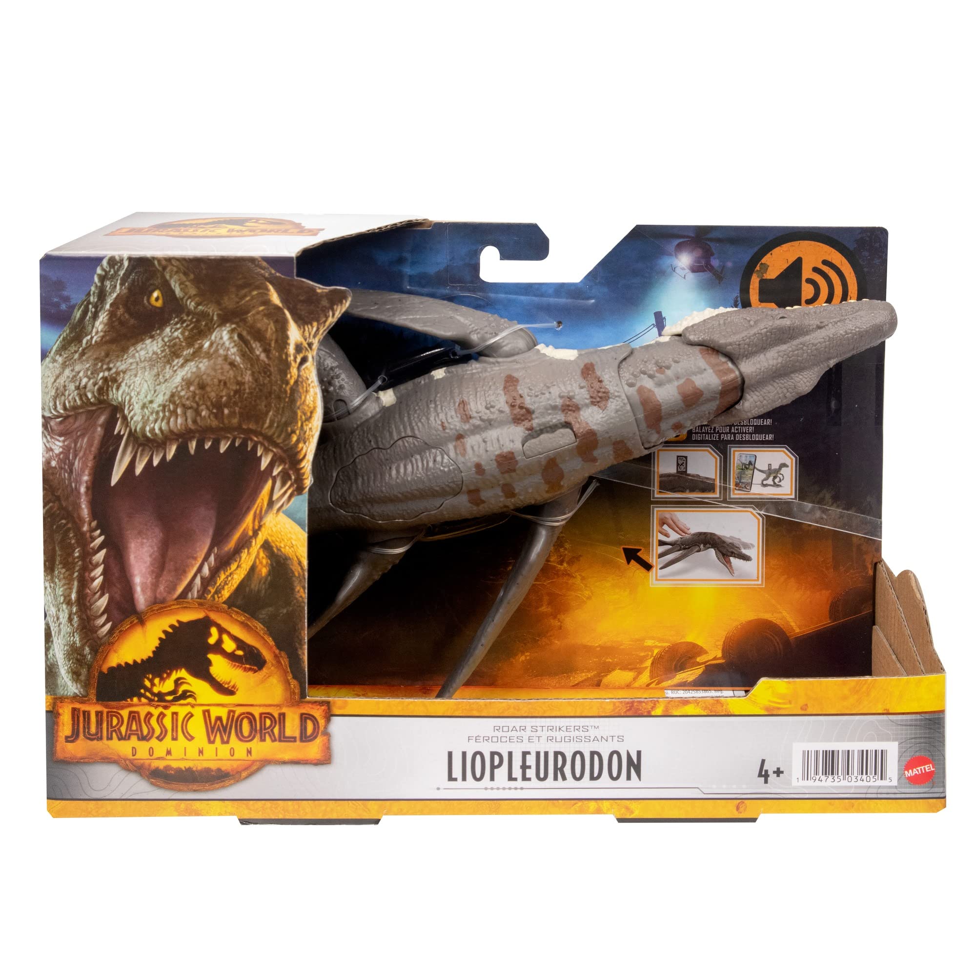 Jurassic World Dominion Ryczący dinozaur Dziki ryk Liopleurodon Figurka wodnego dinozaura z funkcją ataku i dźwiękiem, zabawka na prezent, zabawa fizyczna i wirtualna, HDX38