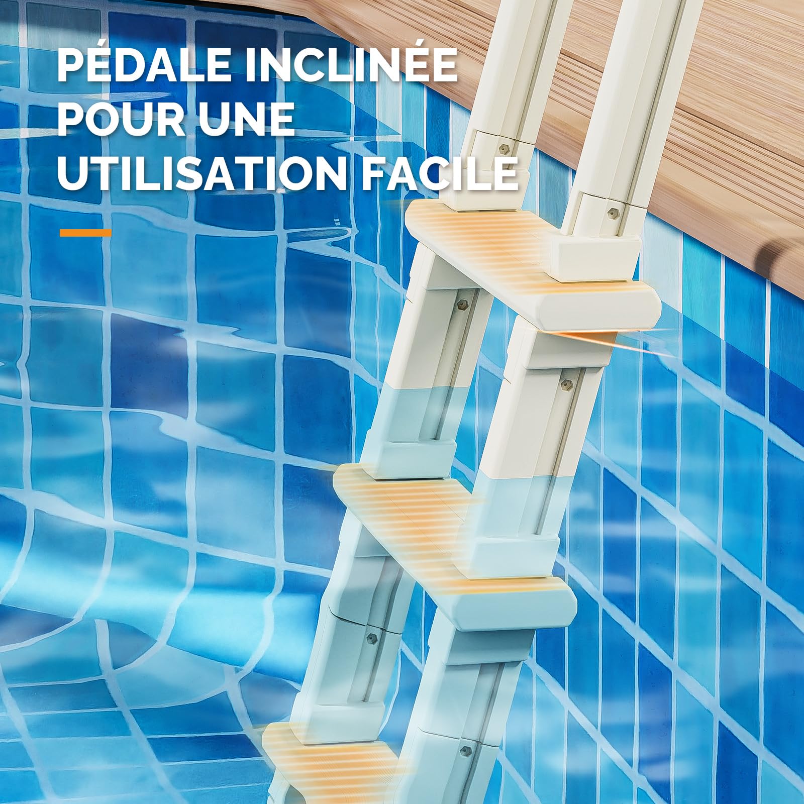 BONNLO Échelle de Piscine 5 Marches Antidérapantes, PE, Escalier de Piscine Uni-Côté, 150×60×60cm, Adaptée aux Piscines Hors Sol et Creusées, Blanc Cassé