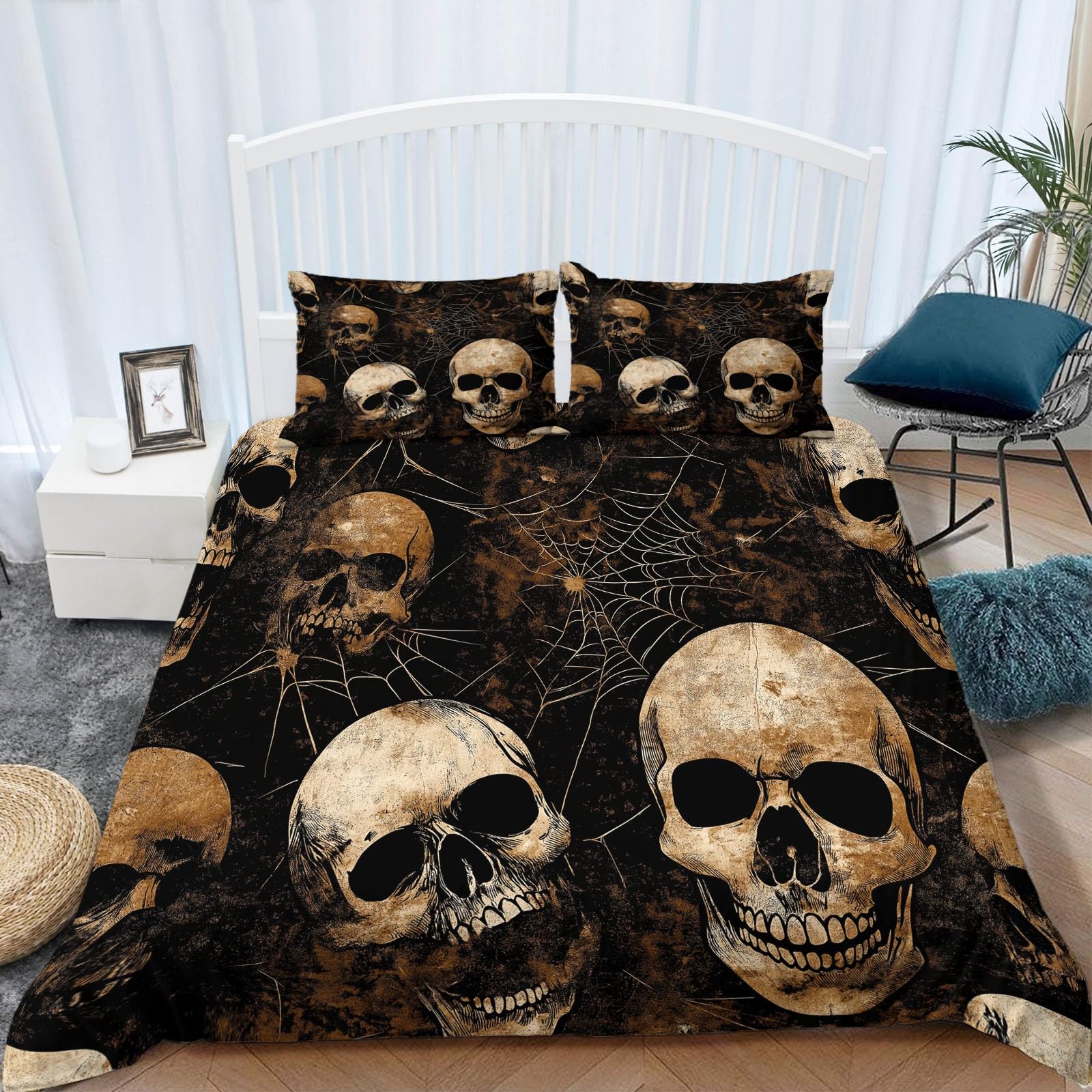 Zestaw pościeli 200 x 220 cm, motyw Halloween, motyw trupiej czaszki, sieć pajęczyna, miękka poszewka na kołdrę wysokiej jakości hotelowa, hipoalergiczna poszewka na kołdrę do pokoju dziecięcego