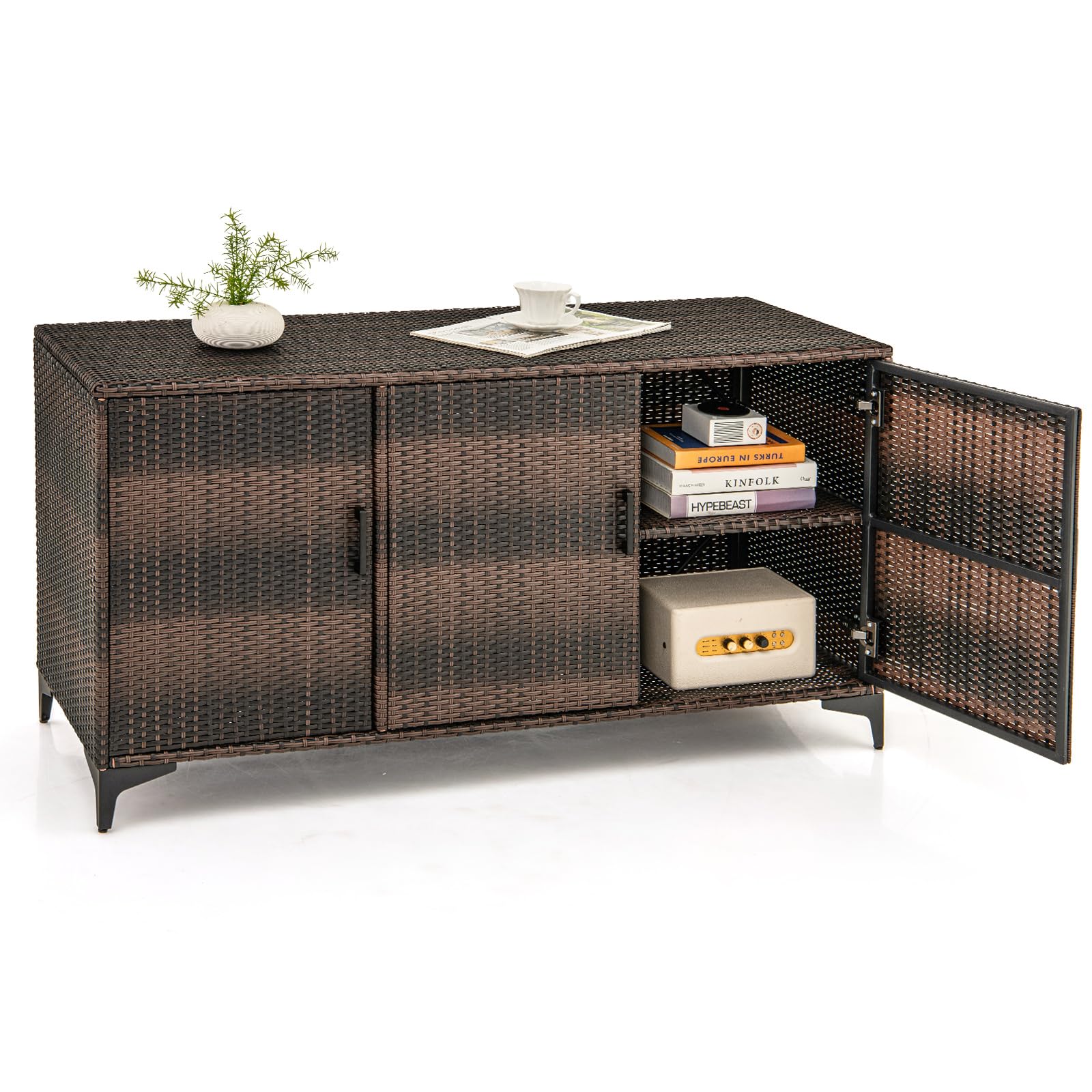 TANGZON 318L Garden Deck Box, 3 Door Patio Cabinet Container with Removable Shelves, Indoor Outdoor Large Storage Box for Pillows, Cushions, Tools (Mix Brown)