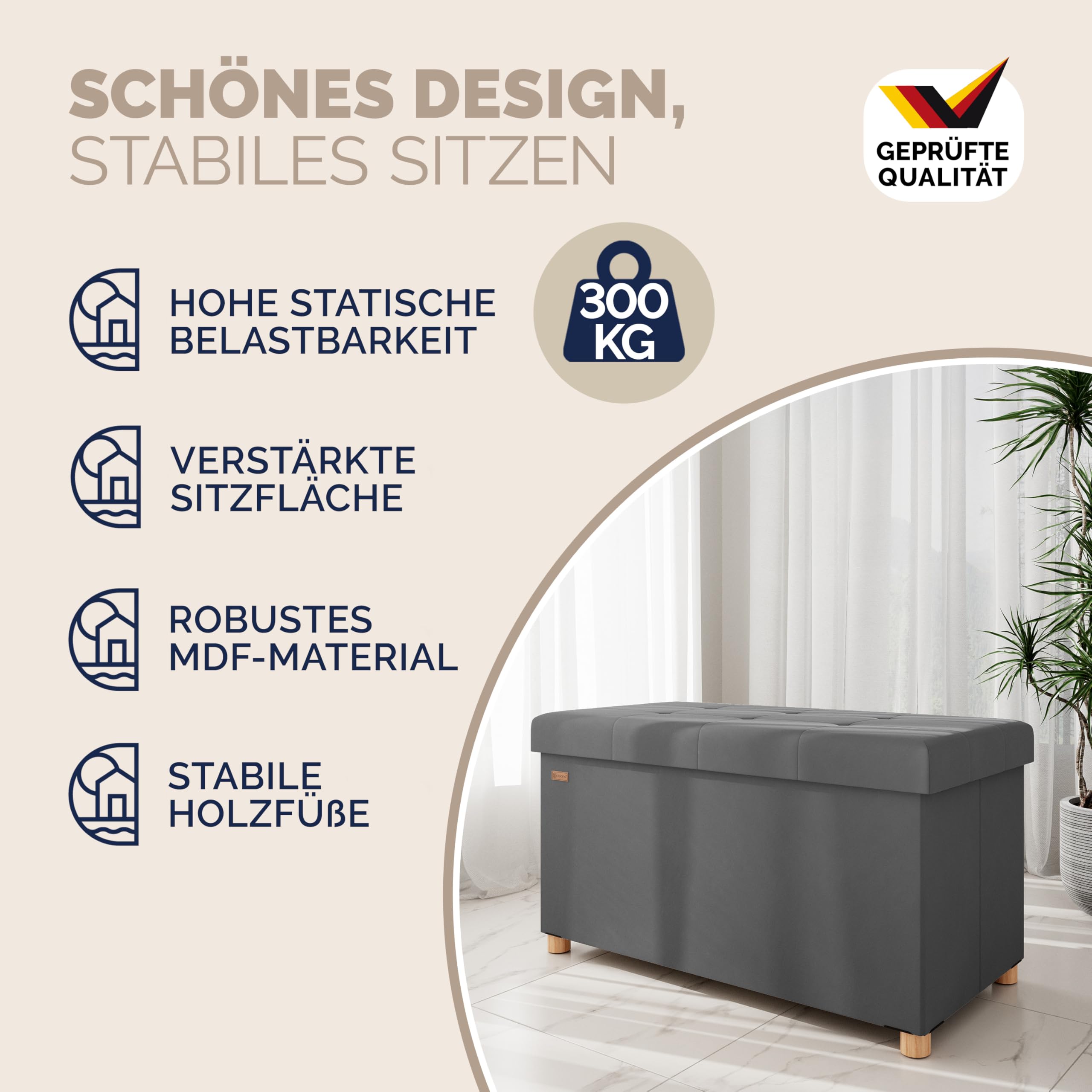 Casaria® Sitzbank mit Stauraum Anthrazit Samt mit Holzfüßen Faltbar Sitzbank 300kg Belastbar 76cm Truhe Wohnzimmer Schlafzimmer Flur Truhenbank Bank