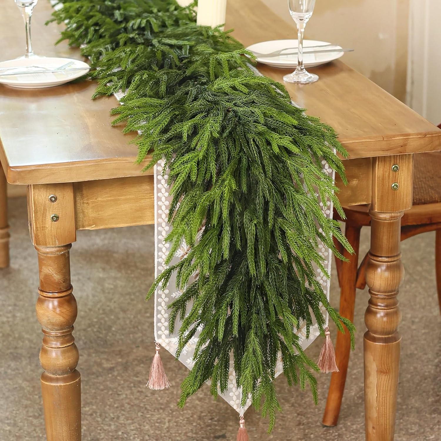 (Similar)5FT Real Touch Norfolk Pine Garland - Artificial Christmas Garland Fake Green Faux Pine Needles Garland for Table Fireplace Mantle Holiday Home Indoor Outdoor Decor (1PCS) 1 5FT