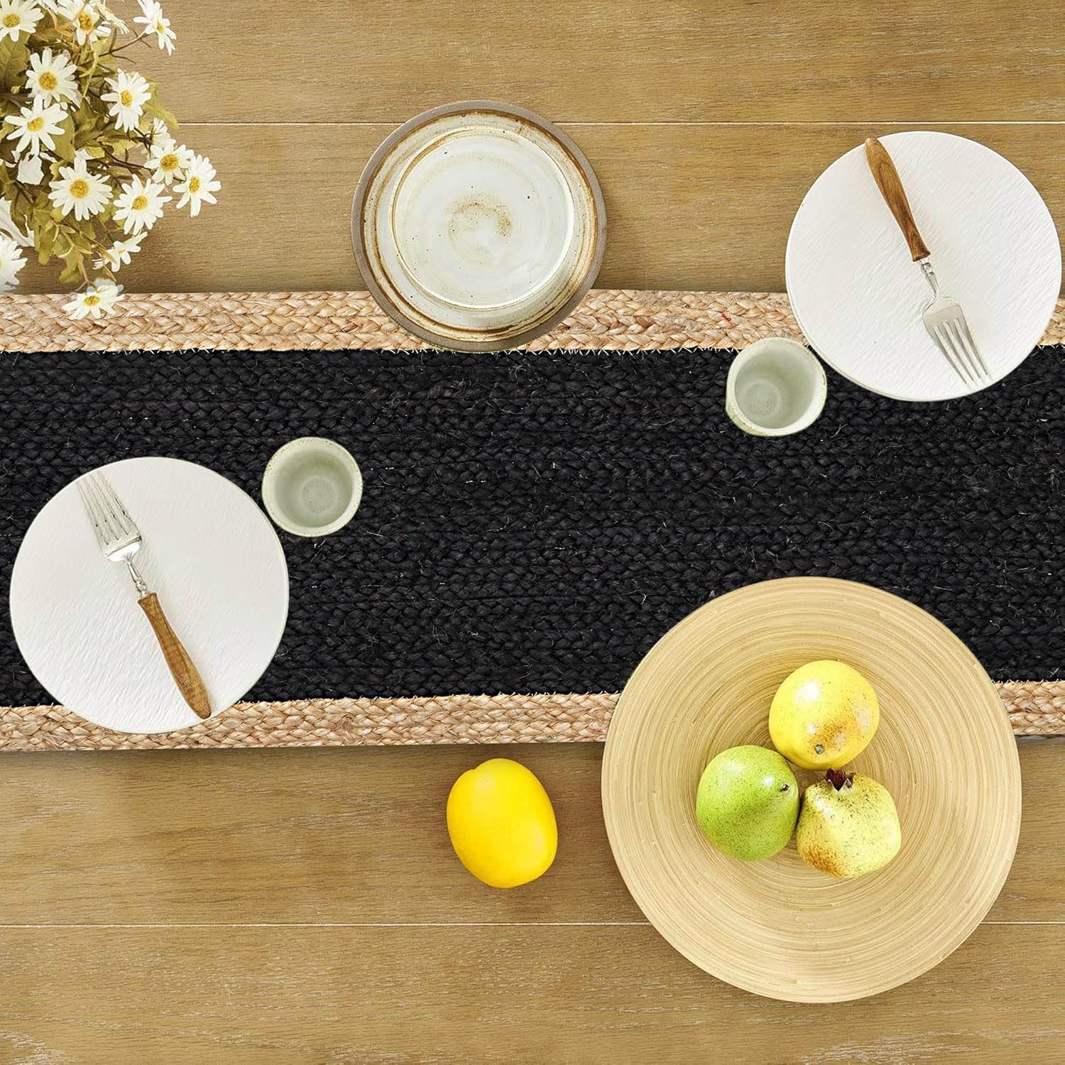 Runner da tavola in iuta nero con beige, 35 x 183 cm, decorazione indiana intrecciata a mano, decorazione per tavolo da pranzo, cucina, tavolino da caffè, decorazione bohémien