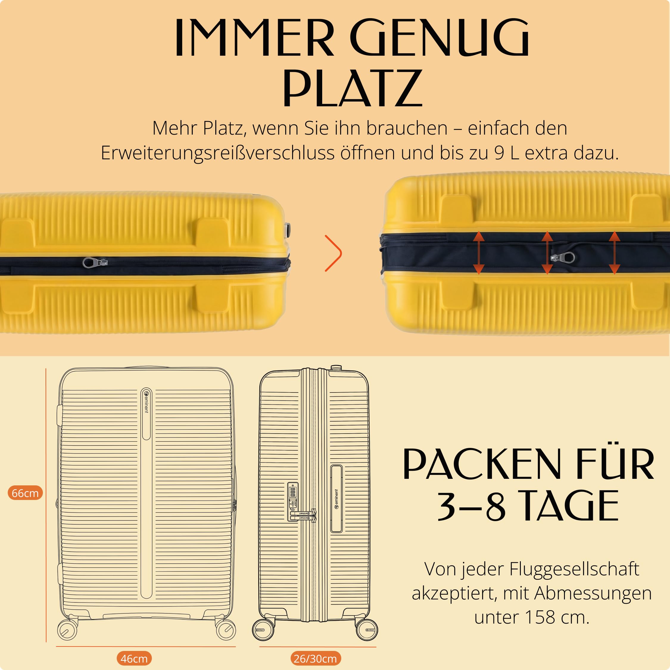 Eminent Finno Koffer Mittelgroß leicht, Hartschalenkoffer Trolley | Reisekoffer mittelgroß, 3,0 kg leicht, 73L, 4 Rollen, erweiterbar 66x46x26 auf 30, TSA Schloss, Polypropylen, Gelb