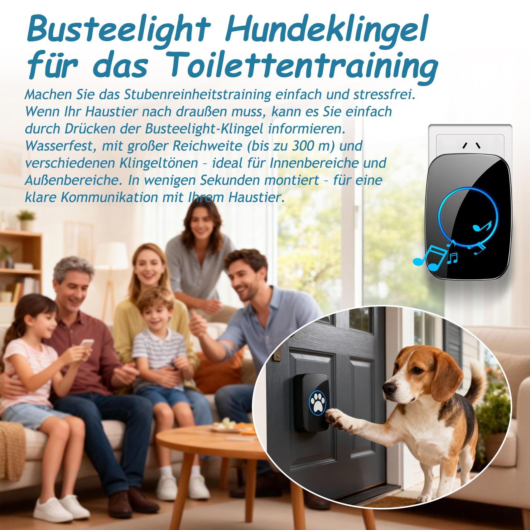 A10 Katzenklingel & Hundeklingel – Kabellose Türklingel, 300 m, LED, 60 Melodien, Wasserdicht, Buzzer Hund, Katzenglocke, Katzen Klingel Tür Außenbereich (1 Klingeltaster + 1 Empfänger)