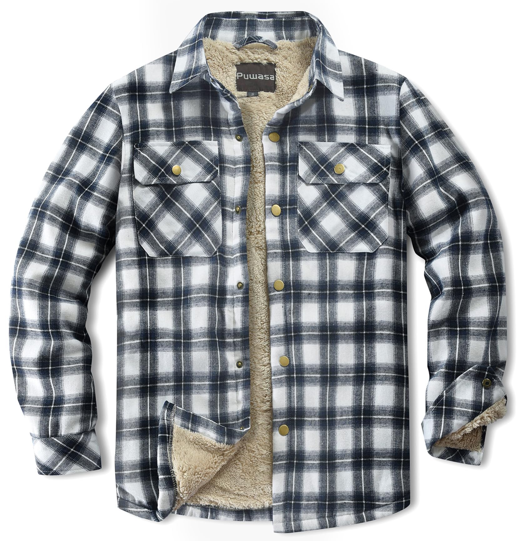 Men's Sherpa Cotton Flannel Shirt Jacket Plaid Button Coat Pocket