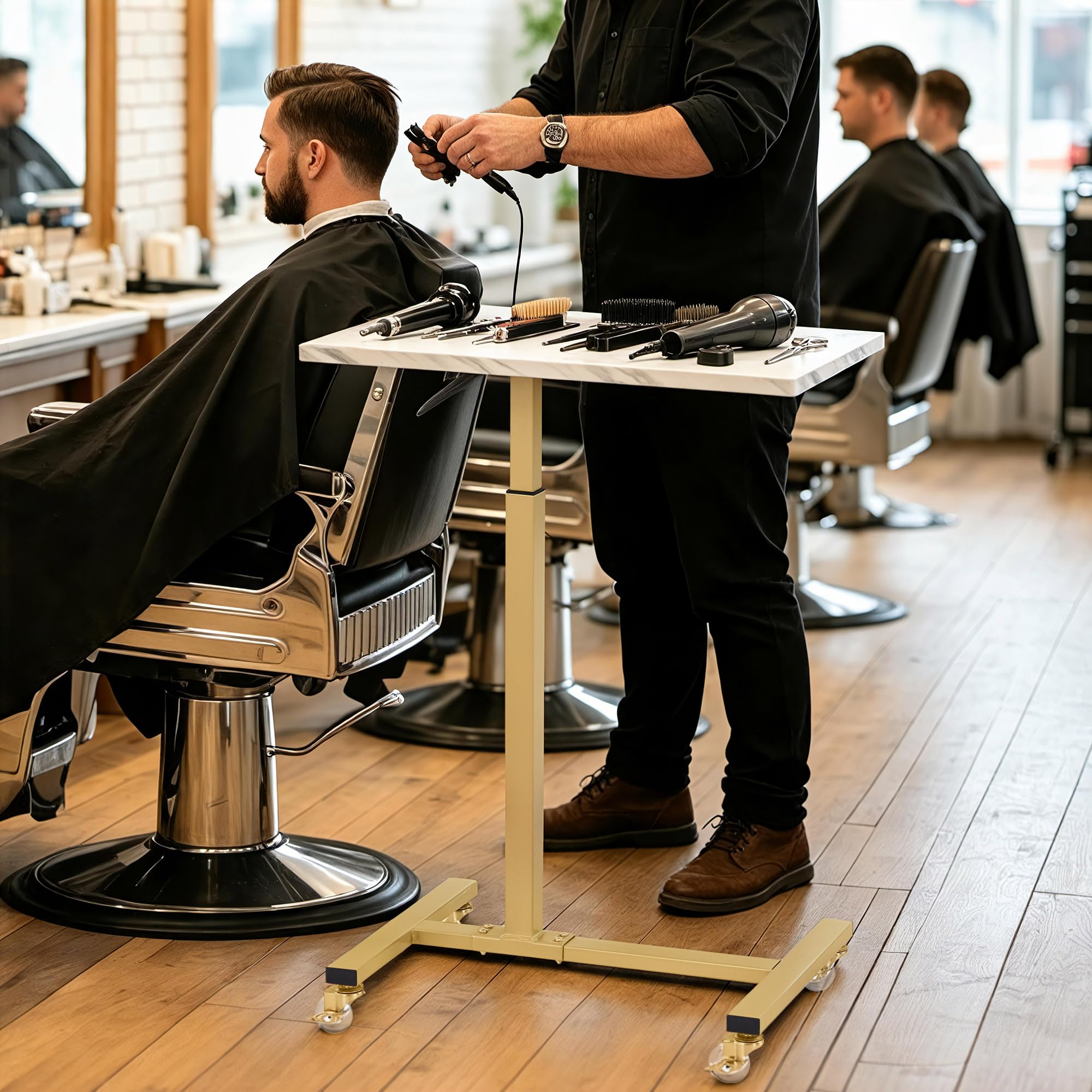 Barberpub Beistelltisch mit Rollen Höhenverstellbar Salon-Tablettwagen Gold C Form Friseurwagen 40x60x72/97cm Weiß-Gold