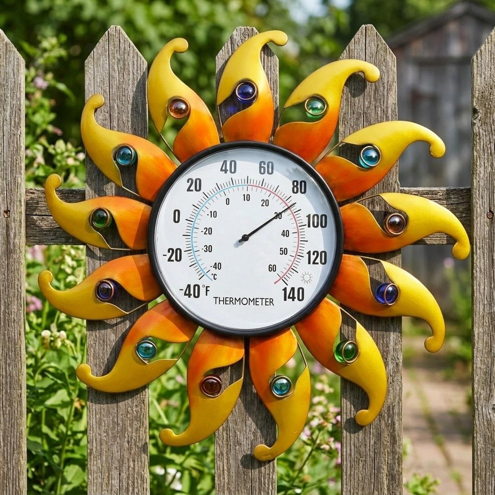 Exterior Retro, de Pared, Esfera Metálica con Forma de Girasol, Medidor de Clima para Interiores Y Exteriores, Resistente, Naranja Amarilla