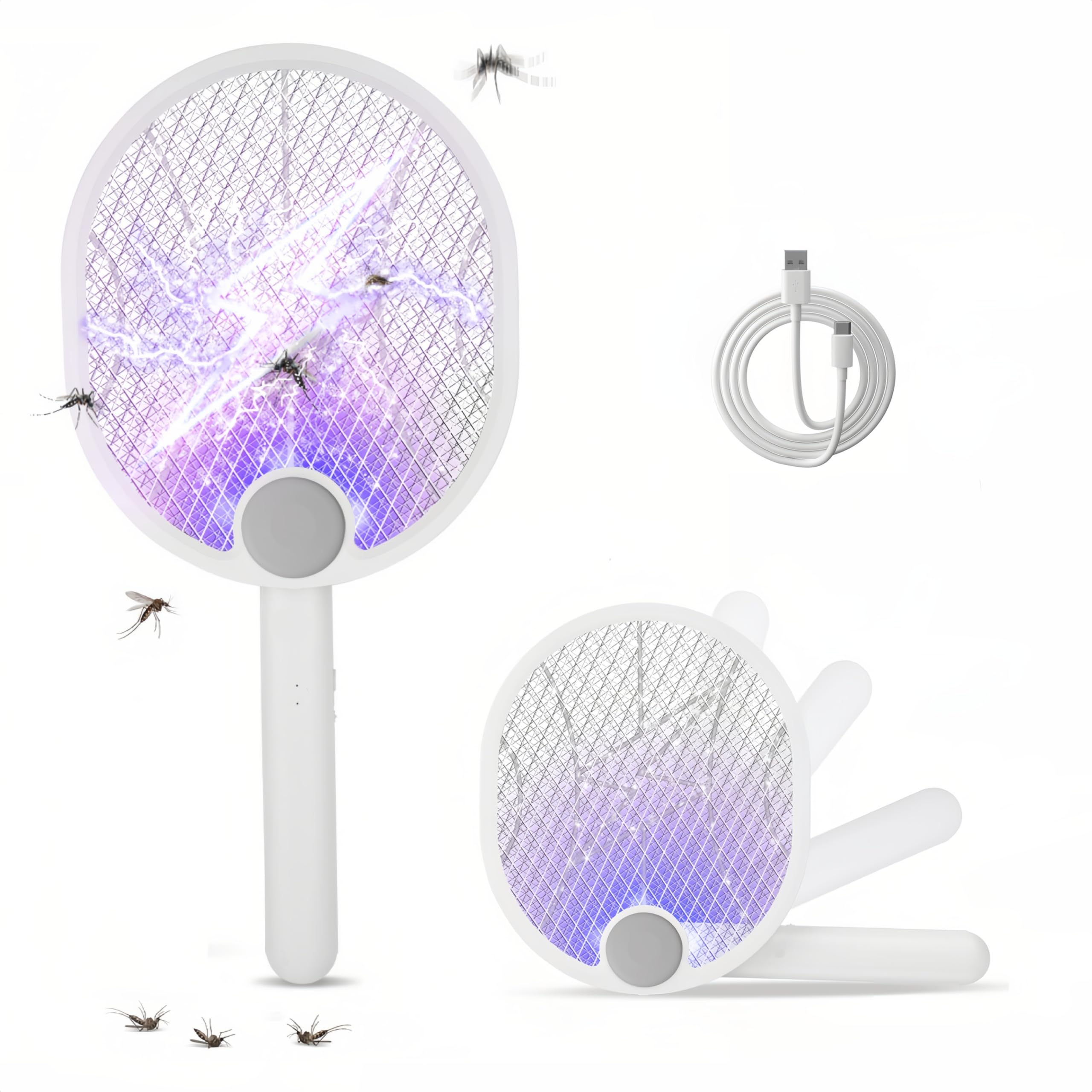 Cyowoyre Electric Fly Swatter, 180° Foldable Fly Zapper Killer 4000V Mosquito Bug Zapper 5 Layers Mesh with USB-C Cable for Rechargeable 1500 mAh, Portable Insect Killer for Home, Camping & Outdoor