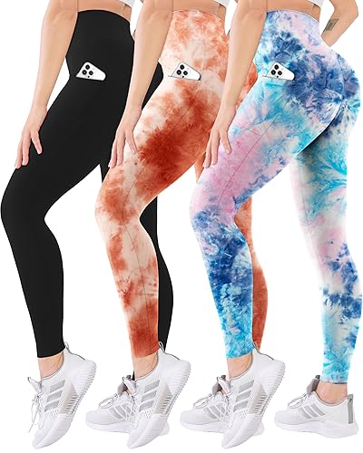 Blisset 3 Pack High Waisted Leggings - Full Length Two Pocket - Small-Medium - 03-pokets-black/Brick Red/Powder Blue