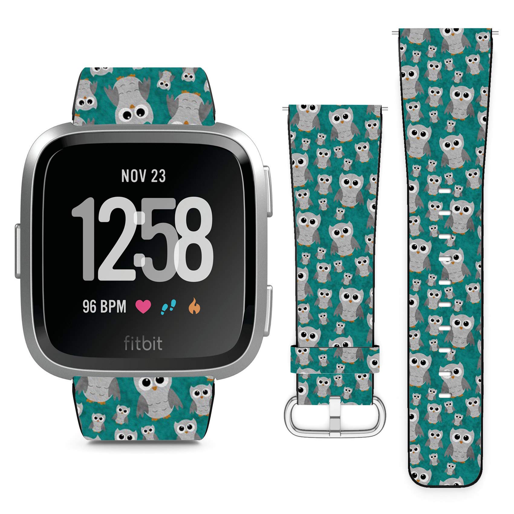 Compatible with Fitbit Versa, Versa 2, Versa Lite, Leather Replacement Bracelet Strap Wristband with Quick Release Pins // Gray Owls On Teal Textured