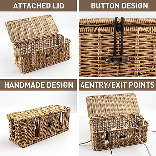 Miniatura 6 de Paquete de 2 cajas de gestión de cables de ratán, caja organizadora de cables grande con tapa, enrutador debajo del escritorio, caja de