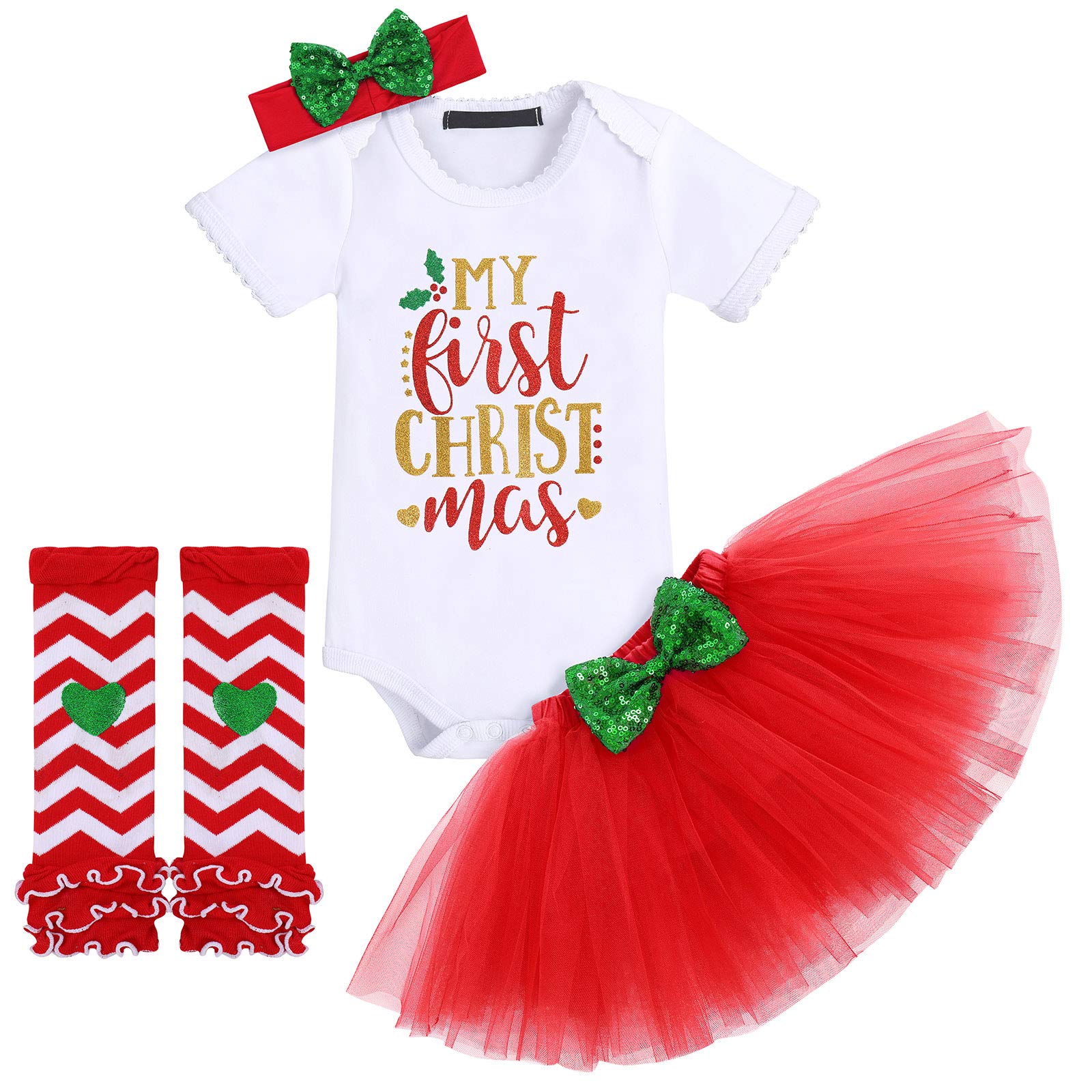 My First Valentine's Day Easter Outfit Baby Girls Romper+Ruffle Tulle Skirt+Sequins Bow Headband+Leg Warmers Socks Party Dress up 4Pcs Photo Cake Smash Clothes Set Red-My First Christmas 6 Months