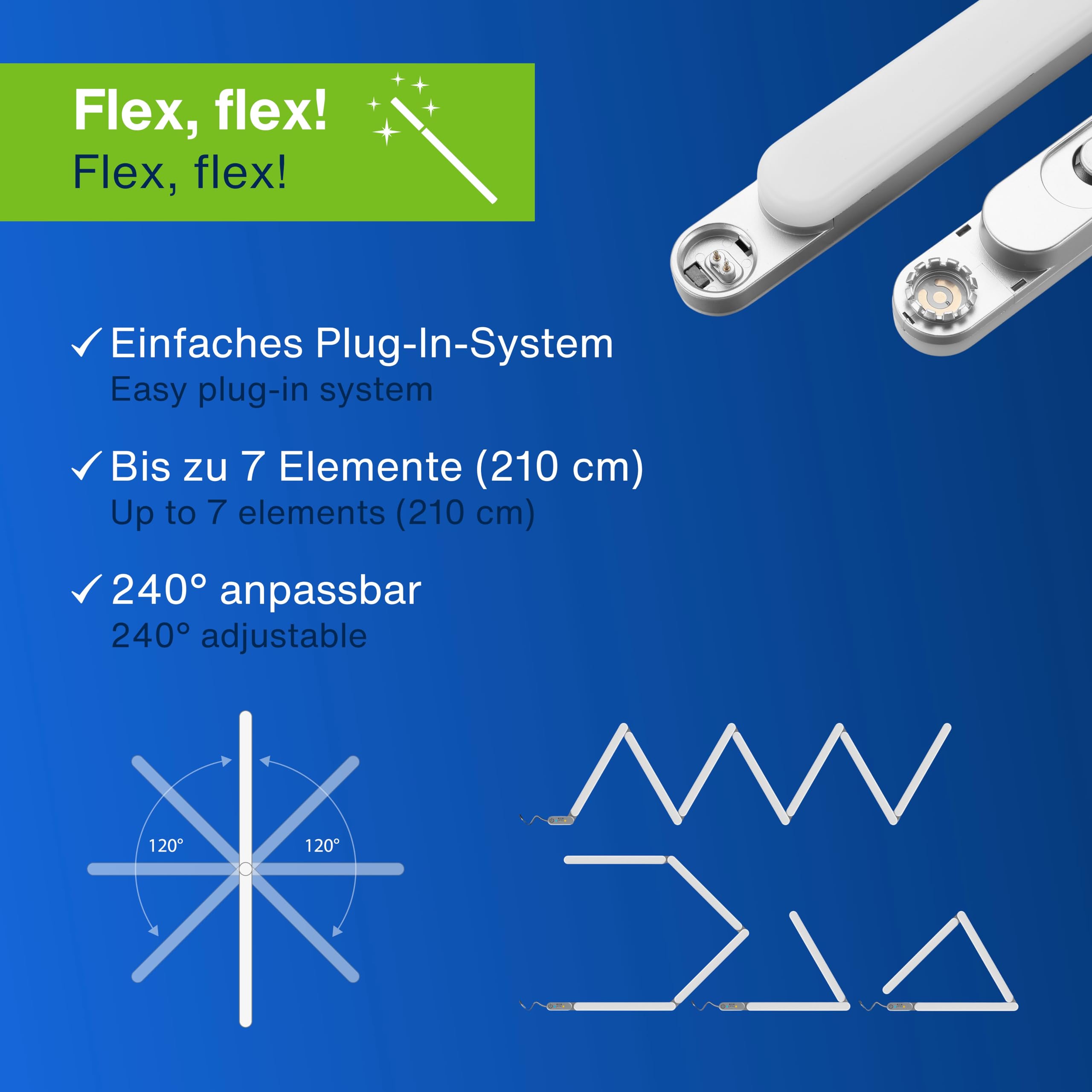 REV FlexLight - Striscia LED da Cucina espandibile, Lampada da Incasso a LED, Moderna, Pieghevole, 240°, Colore: Argento