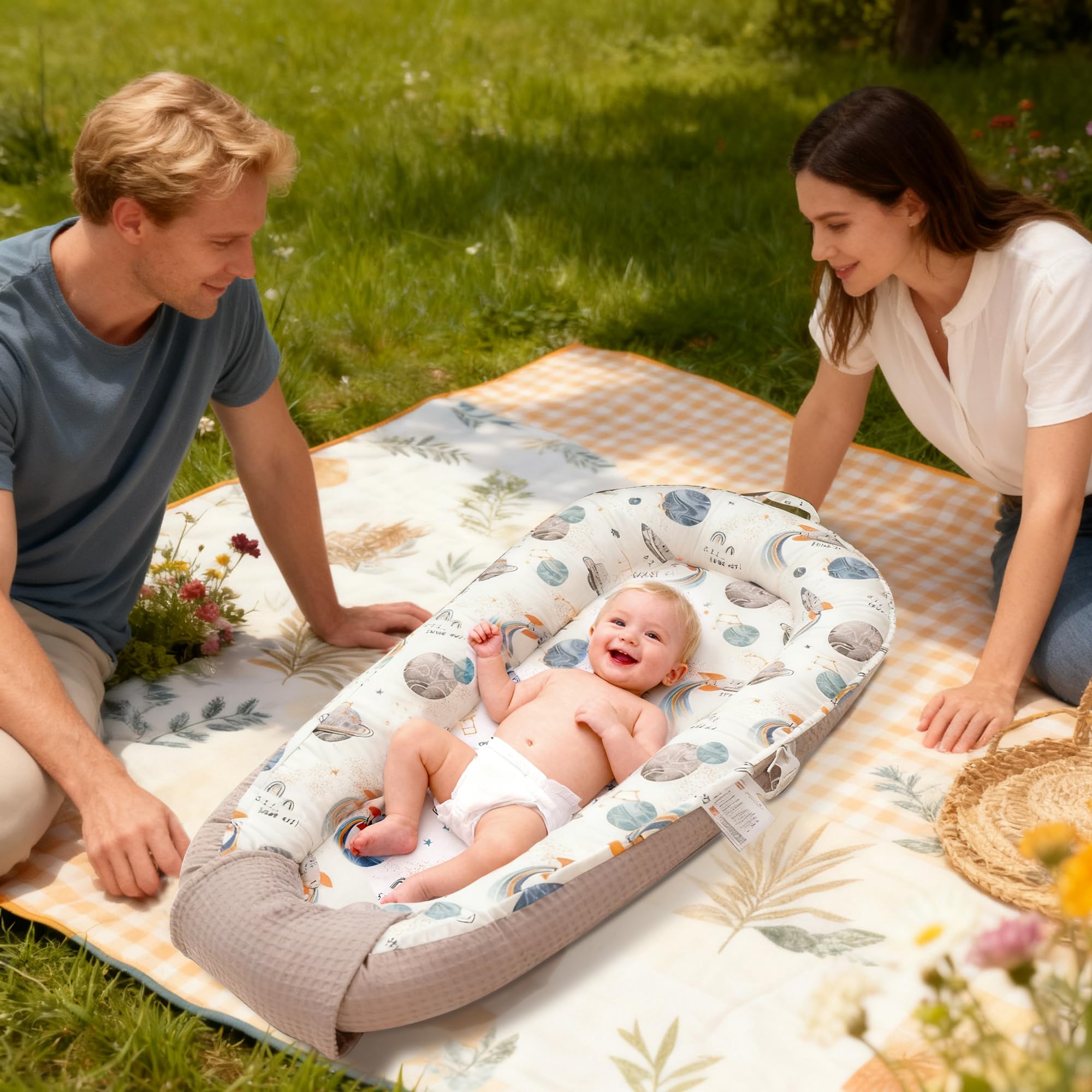 GloTika Babynest Neugeborene Liege mit atmungsaktivem & weichem Bezug für Zuhause und Reisen, niedliches Muster 0-24 Monate Neugeborene Babys Essentials Geschenke, Himmel