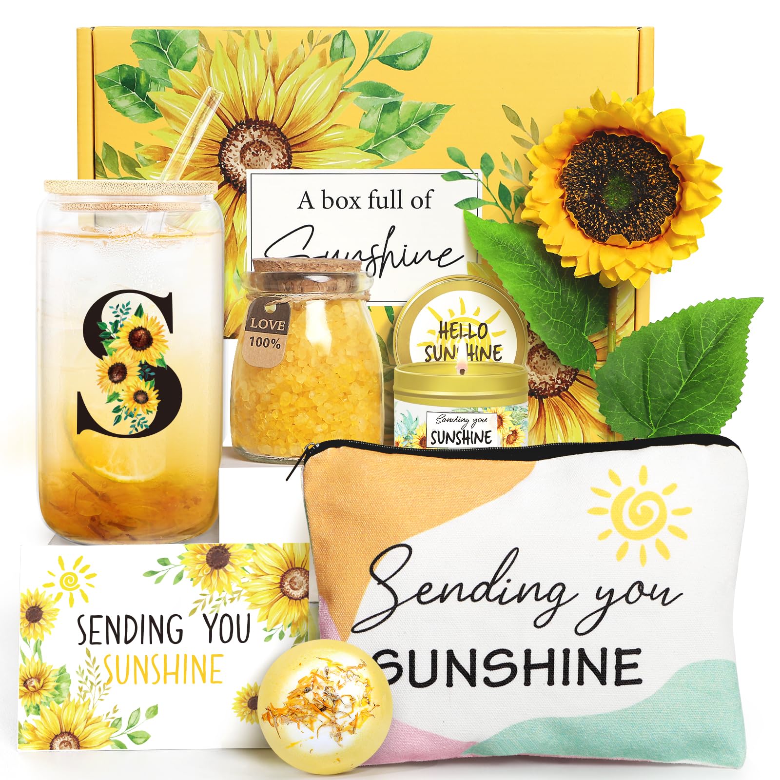 Sunflower Initial Gifts, Get Well Soon Gifts, Self Care Spa Birthday Gifts for Women Monogrammed Gifts, Sunshine Gift Baskets, Personalized Gifts, S