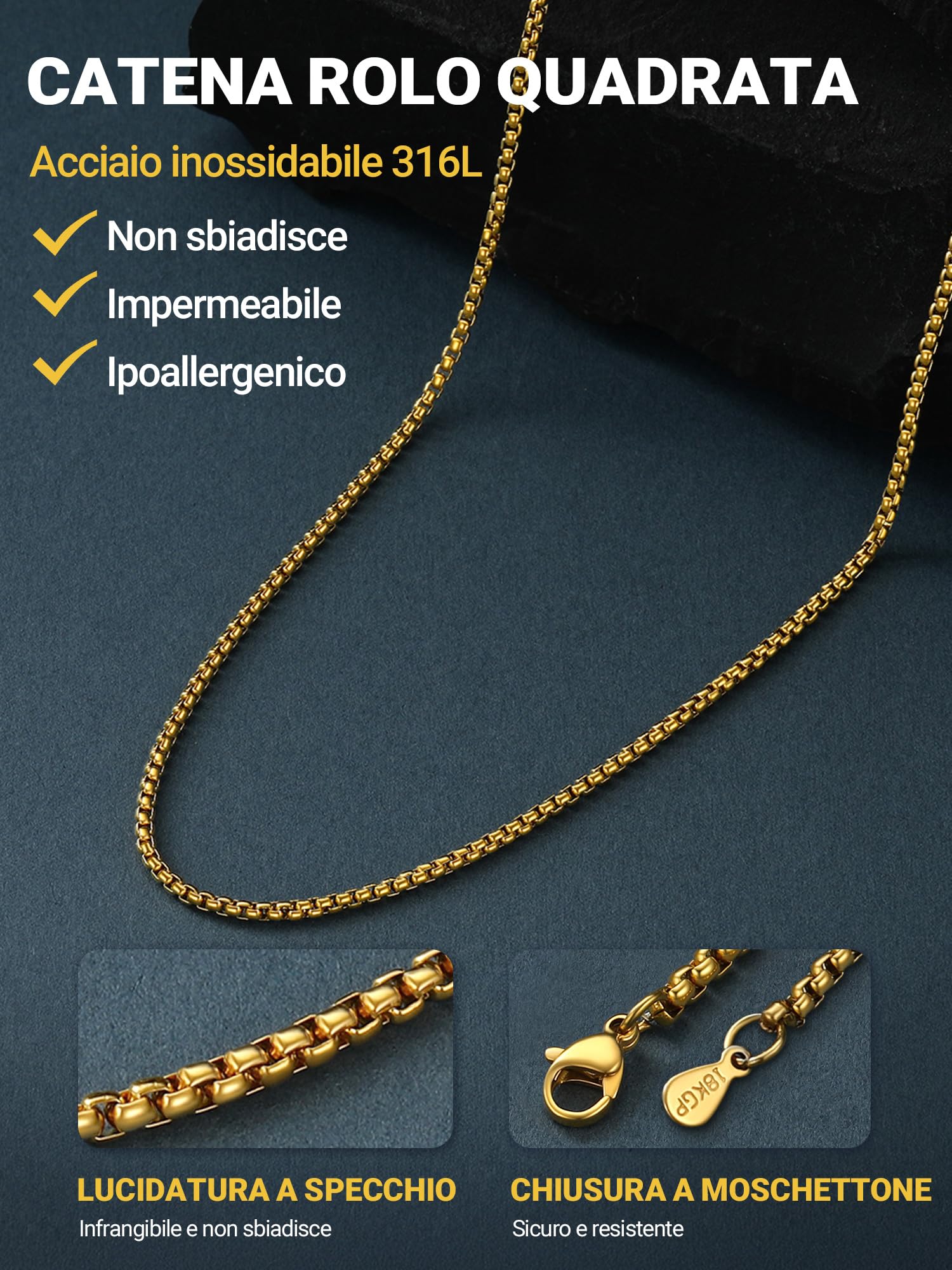 PROSTEEL Collana Uomo Donna a Catena Scatola Quadrata, Acciaio Inossidabile/Placcato Oro 18K, 3mm 6mm Larghezza, Collana Lunga Corta Sottile Grande, Argento Oro Nero, Regalo Perfetto (con Confezione)