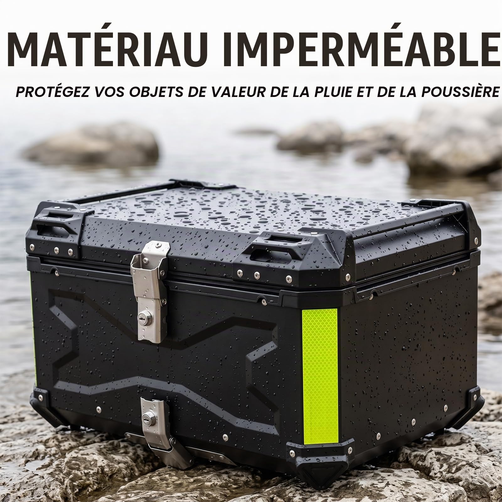 Top Case Universel pour Moto 65L, avec Dossier et Serrure de Sécurité, Coffre de Rangement pour Casque de Moto Étanche, Aluminium，Support de Fixation Universel (Noir)