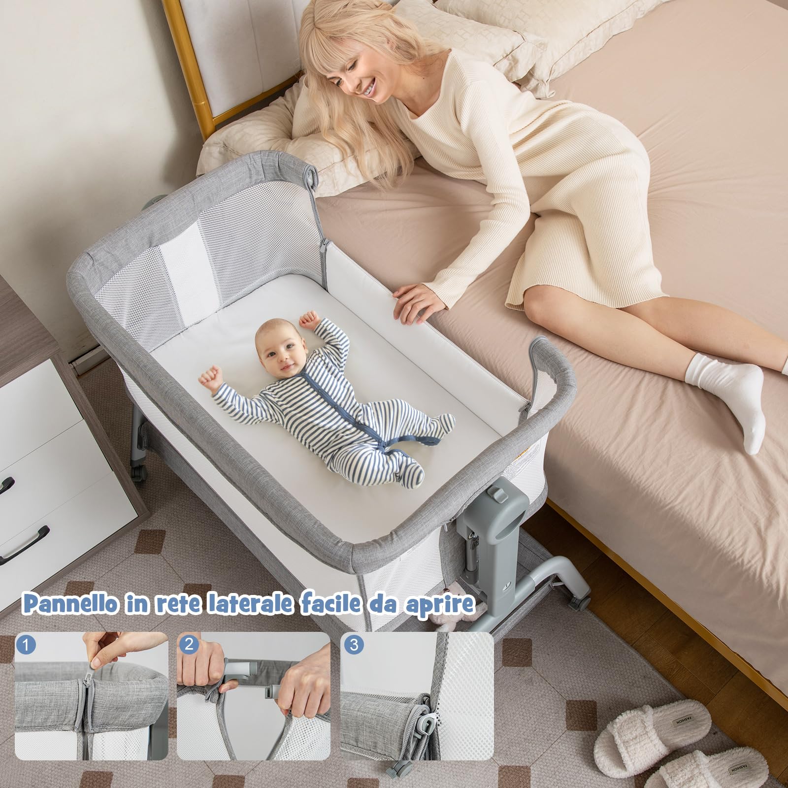 COSTWAY Culla Neonato Fianco 4 IN 1, Culla Co-sleeping con Spondina Apribile, Altezza Regolabile, Materasso Ruote Borsa da Viaggio Zanzariera Inclusi, 0-6 Mesi Fino a 9 kg (Grigio)