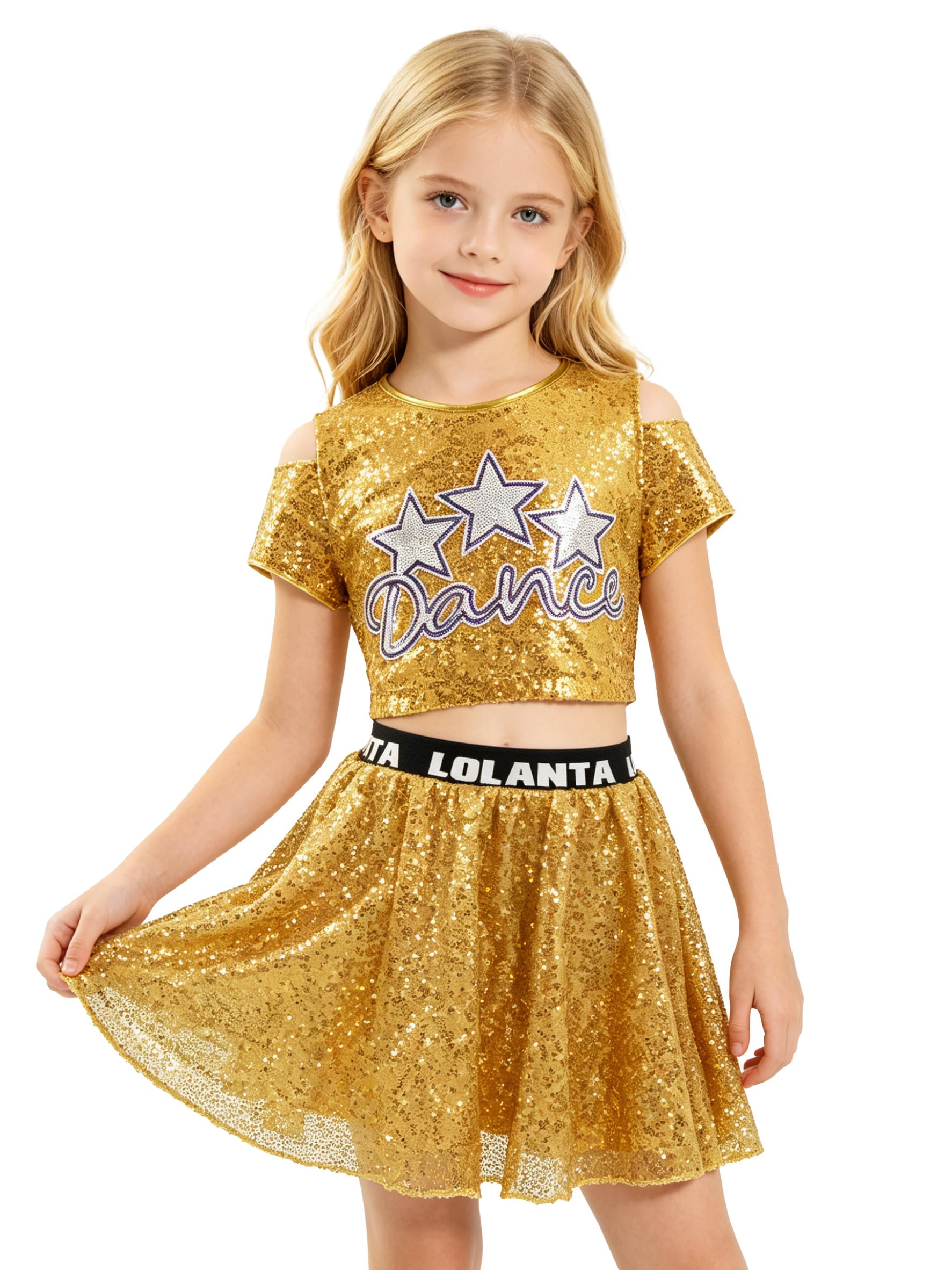 LOLANTA Abiti da Ballo per Ragazze con Paillettes, Abiti da Ballo Hip Hop Jazz Scintillanti, Top Corti con Gonna 5-12 Anni