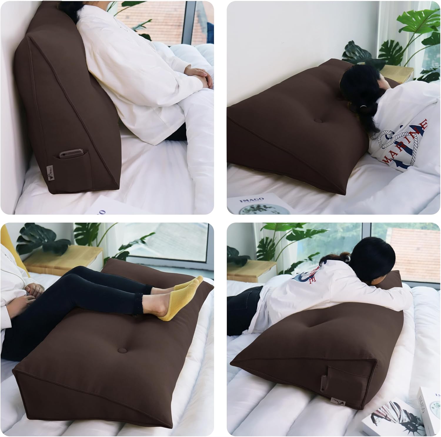 WOWMAX 80% Cotton & 20% Linen Blend Headboard Pillow – King Size Reading Wedge Backrest for Bed, Handmade Firm Support Bolster Cushion with Removable Cover, Premium Bed Rest Pillow, Brown