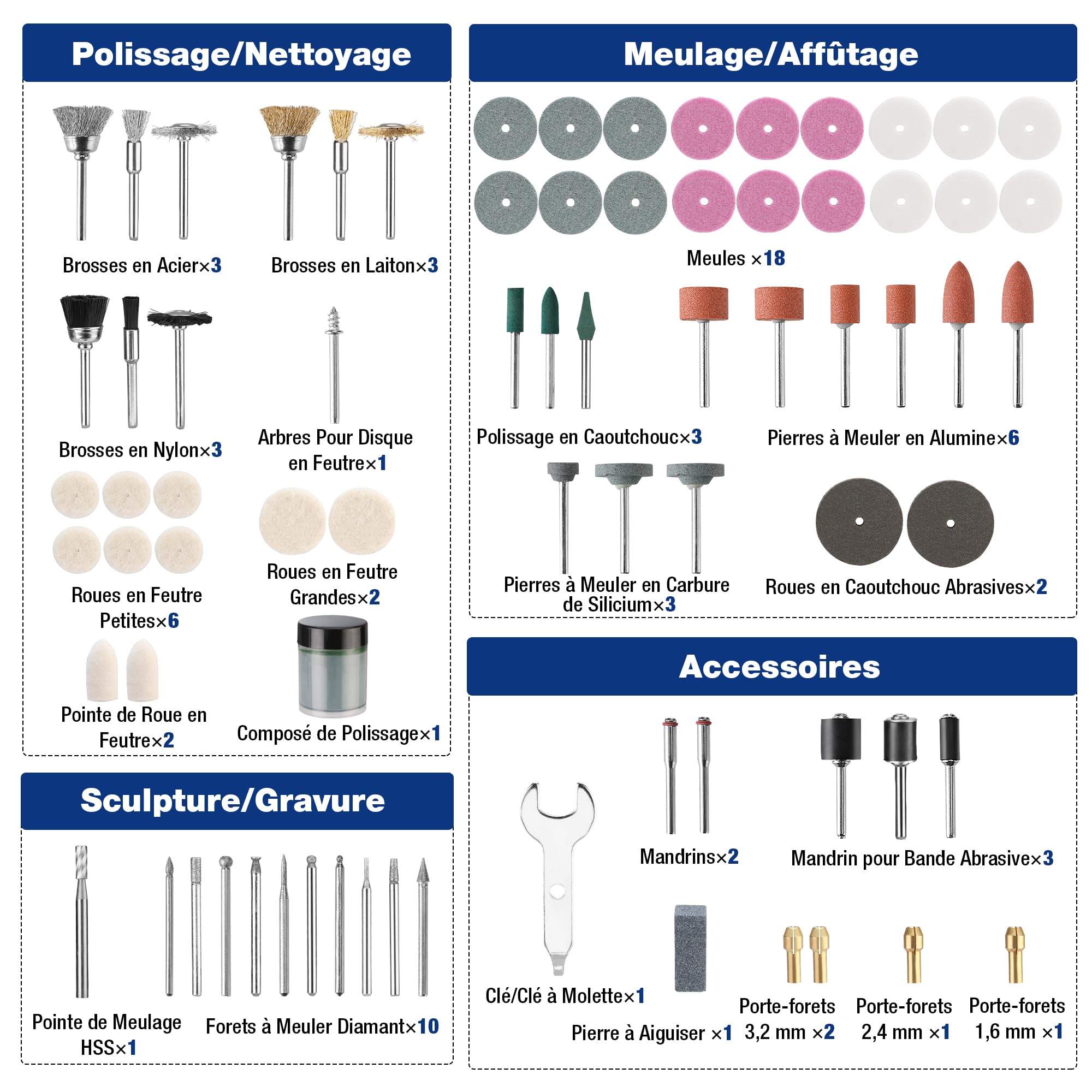 WORKPRO Coffret de 476 Accessoires d'Outils Rotatifs Universels, Kit d’Accessoires d'Outils Rotatifs Multifonctions pour Coupe, Gravure, Meulage, Polissage, Ponçage, Perçage, etc.