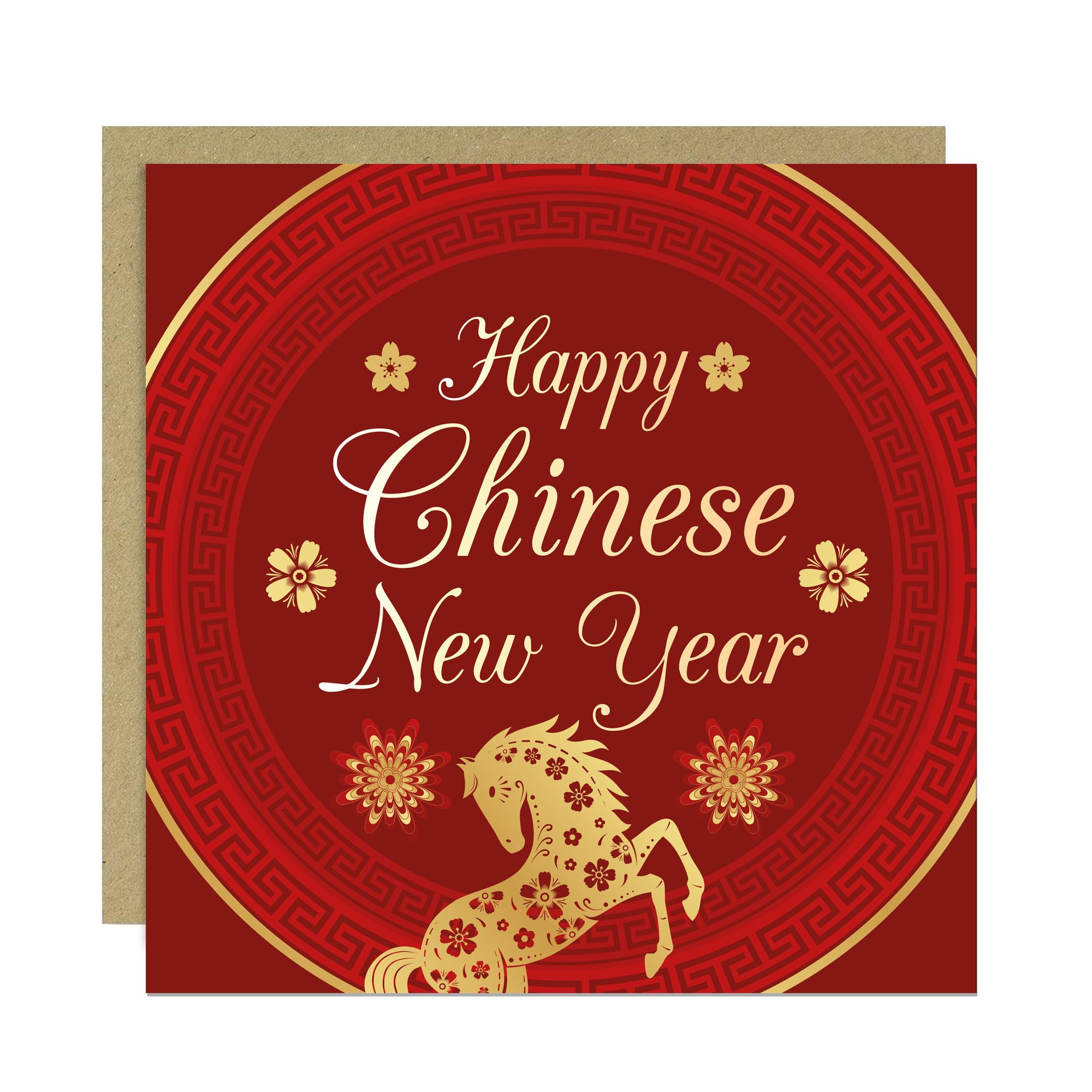 RED OCEAN Luna New Year 2026 Card Happy Chinese New Years Card For Friends and Family The Year of The Horse Greetings 145x145mm With Kraft Envelope