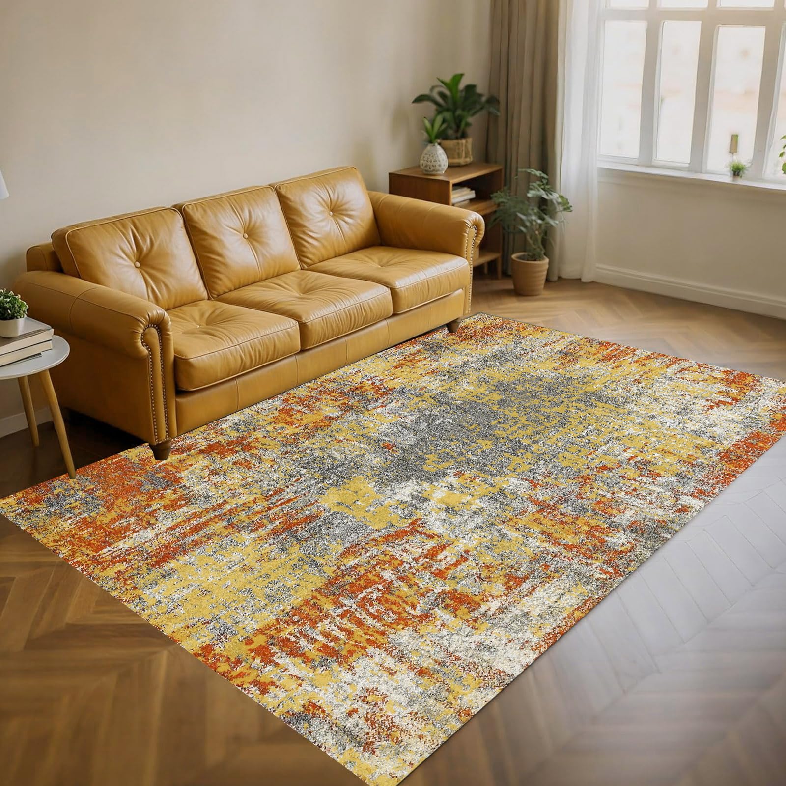 Tapis antidérapant lavable abstrait orange et gris grand format salon