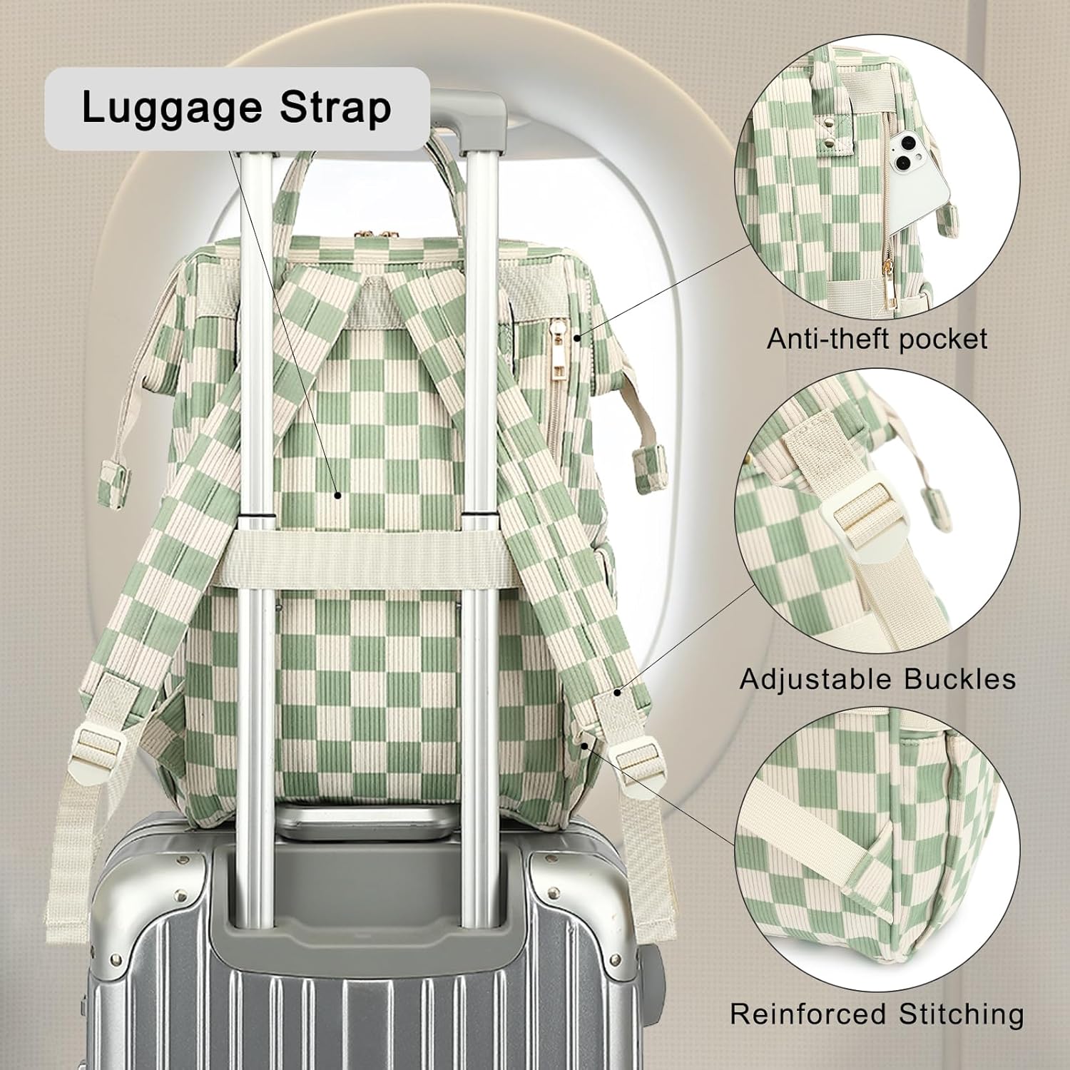 Laptop Backpack for Women, Corduroy College School Backpack Bookbag 15.6 inch Business Computer Travel Backpack (Checkered Green) - Image 4