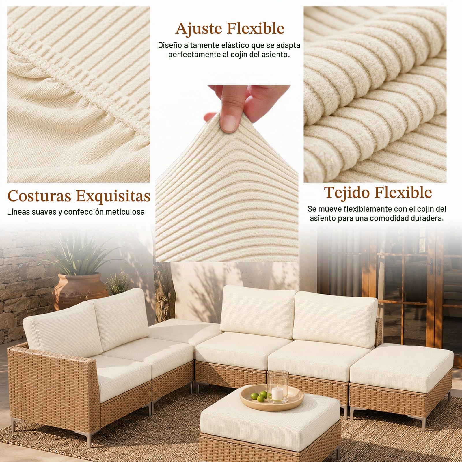 8 fundas de cojín elásticas para sofá, 4 fundas de cojín y 4 fundas de cojín para la espalda, funda con corbatas, tela antideslizante de tartán, apta para animales, para exteriores (beige)